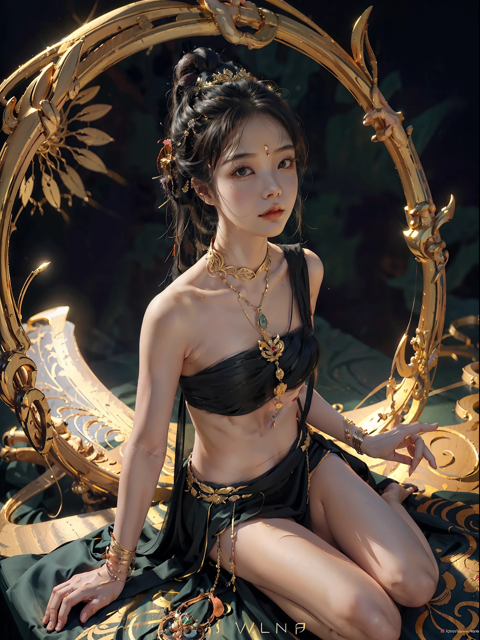 A masterpiece of a Buddhist bodhisattva girl, exquisite jewelry, delicate bracelet, delicate hair ornament, high on the top, aperture on the back, bodhisattva, fairy fluttering, looking up perspective, bare feet, golden bracelet on ankle, ancient Chinese costumes, gorgeous silk, flowing tulle, dazzling background, golden aperture behind, gold Falun behind, best light, best shadow, movie lighting, mystery, background pure black with ring aperture, ultra high definition, 8k, fair skin, Wolp_ style, duhuang_style, upper body close-up, detailed face, professional classical dance moves, person floating in the air, (sideways: 1.5), 28 years old, 1girl, well-dressed, super long clothes, black hole background, in a temple in Thailand, one leg on the ground, left hand to do Buddha hand on chest, the other raised above the head to do Buddha hand