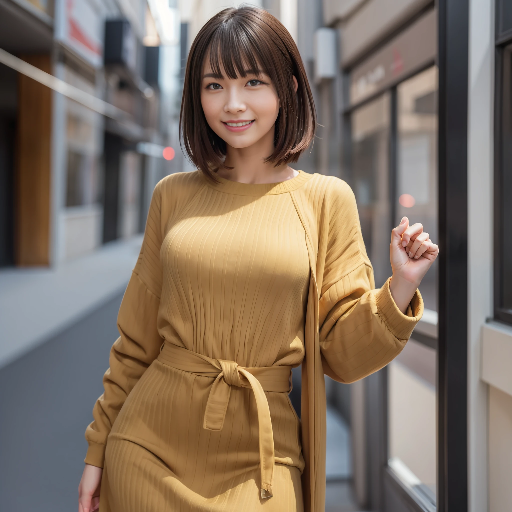 Full Body, (Dragoon: 1.2), Brantobang, Masterpiece, Best Quality, Official Art, Very Elaborate CG Unity 8K Wallpapers, Ultra High Definition, (Photorealistic: 1.4), Golden Hour Lighting, Sweater Dress, (Upper Body), (Puffy Eyes), View Viewer, Frontal, Smile, Medium, Shirt Lift, Brown Hair, Bob Hair, Saggy Eyes, Muscular, Slender, Full BodyDetailed fingertips