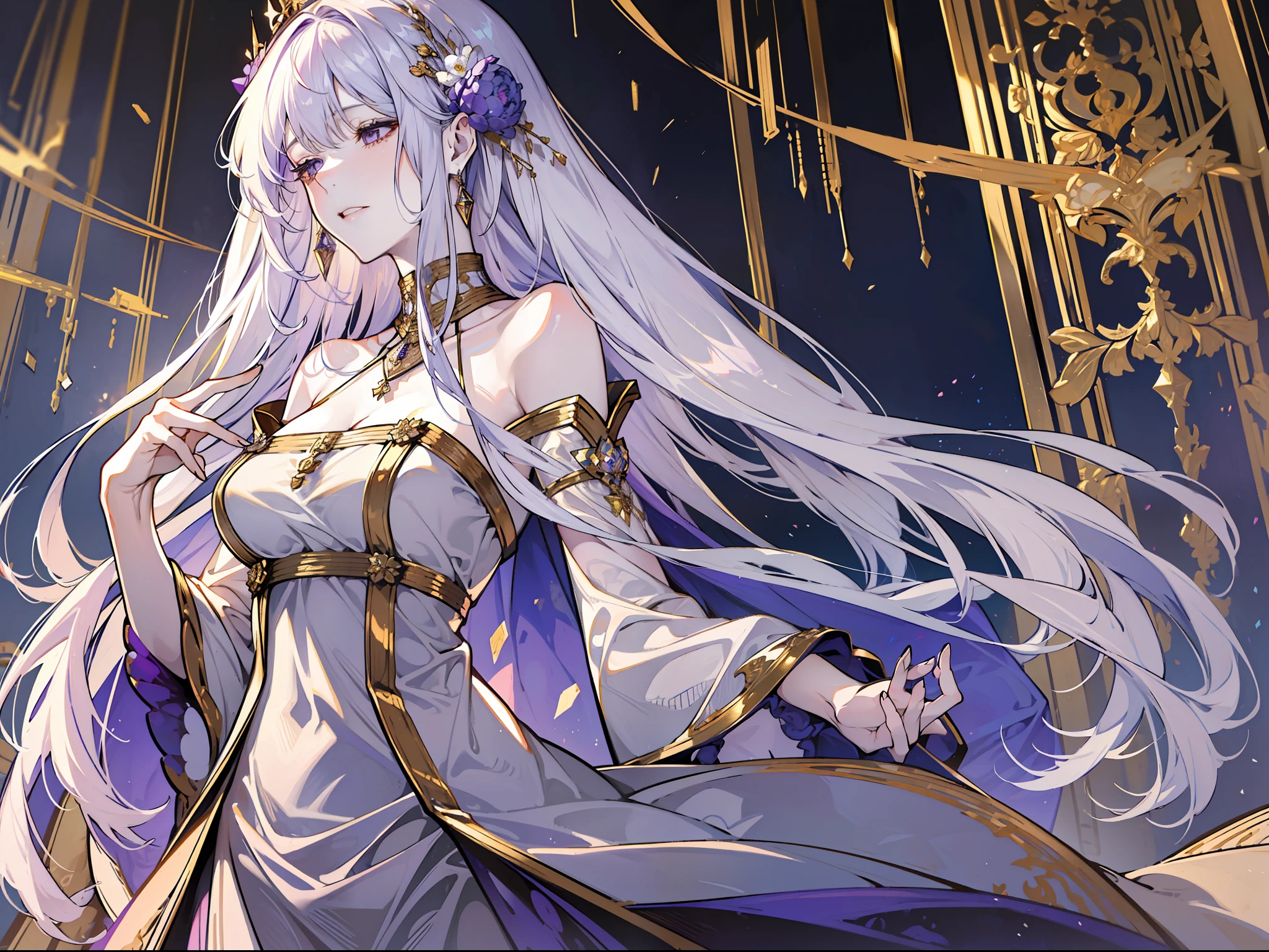 (absurd, high resolution), (panorama), a woman, mature, beautiful, tall, queen's dress, lilac complex dressed, exquisite, eyes closed, pale blonde hair, silver crown on his head, expression painful, panicked, in the palace, brilliant, magical, holding a long golden delicate wand,