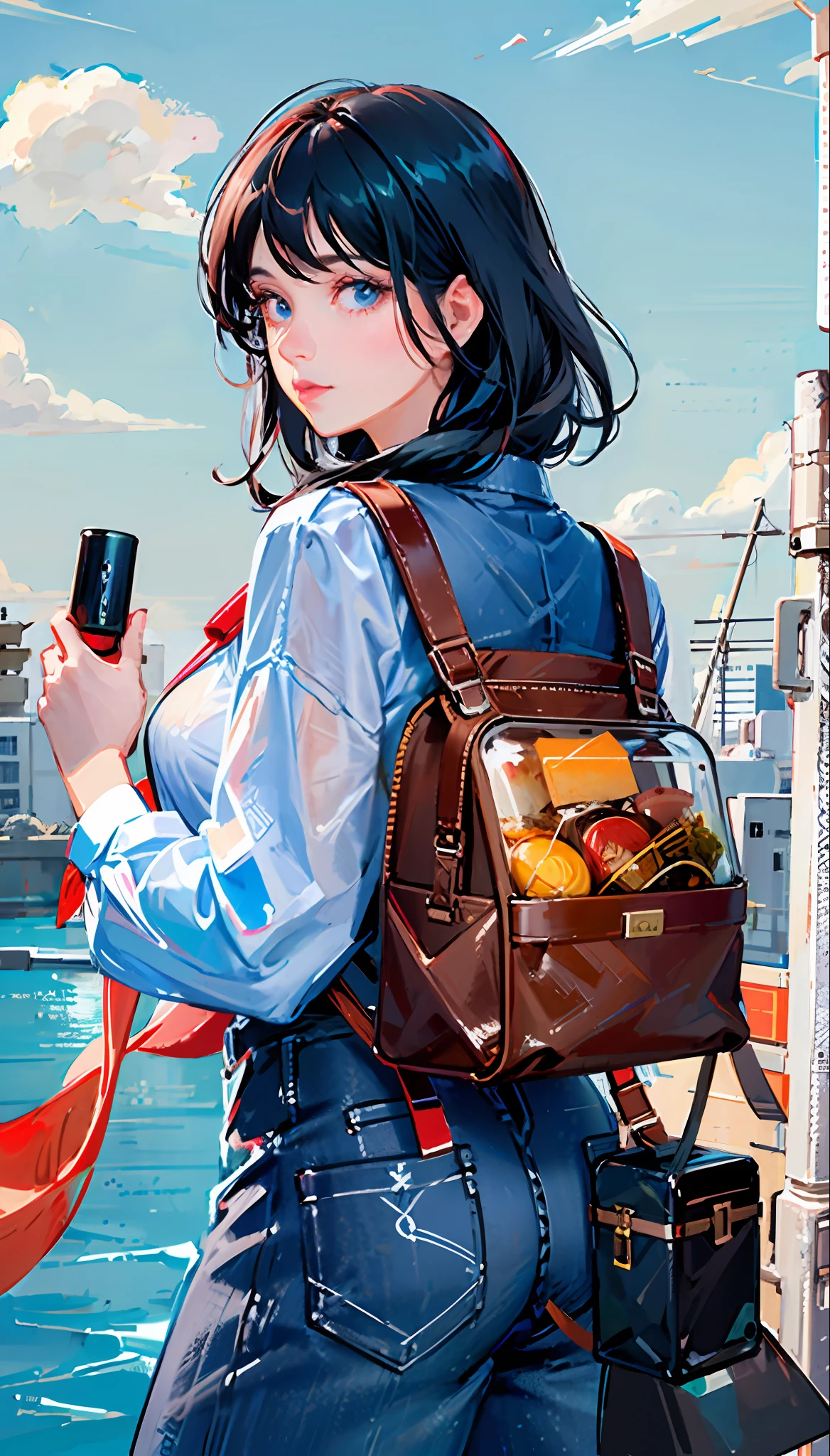best quality, , (realistic:1.2), 1 girl, black hair, brown eyes,Front, detailed face, beautiful eyes,vibe vintage,white skin,basic back ground,main color are red(roolbos tea),seafoam and glod,around her has shine