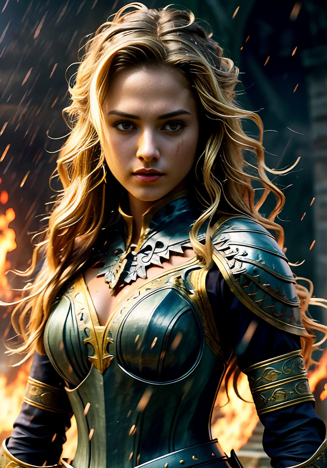 realistic, detailed, realistic details, intricate detail, cgi, masterpiece, best illustration, break, 1girl, slender, tanned skin, blonde hair, small breast, cleavage, ((wet, sweating)), long hair, black hair, petite, female swordsman, urban samurai, breast plate, ((intricate pattern)), ((torn clothes)), blood, injury, princess, tiara, detailed skin complexion, seductive face, ((riding a horse)), looking at viewer, break, (((detailed background, dark fantasy, raining, medieval battlefield, armies clashing, chaotic, fire, dark, dust, particle effect, , projectile, volumetric fog))), break, cowboy shot, perspective, rule of third, depth and dimension, depth of field, proportion, light and shadow contrast, break,