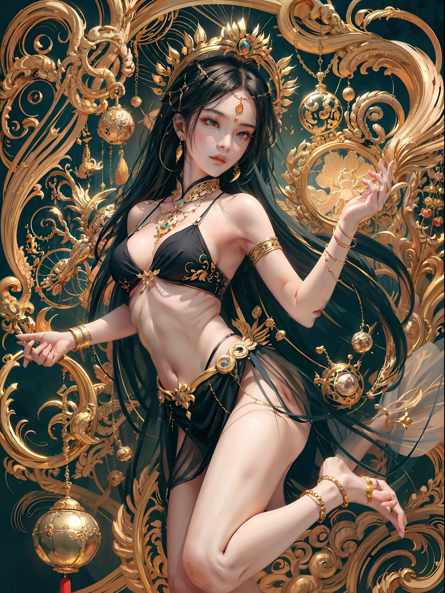 A masterpiece of a Buddhist bodhisattva girl, exquisite jewelry, delicate bracelet, delicate hair ornament, high on the feeling, aperture on the back, bodhisattva, fairy qi fluttering, holding various magic weapons in her hand, looking up from the point of view, long legs, bare feet, golden bracelet on the ankle, ancient Chinese costumes, gorgeous silk, flowing tulle, dazzling background, golden aperture behind, gold Falun behind, best light, best shadow, movie lighting, mystery, background pure black with ring aperture, ultra HD, 8k, Fair skin, Wolp_style, duhuang_style, upper body close-up, detailed face, professional classical dance moves, man floating in the air, (sideways: 1.5), 28 years old, 1girl, well-dressed, super long clothes, black hole background