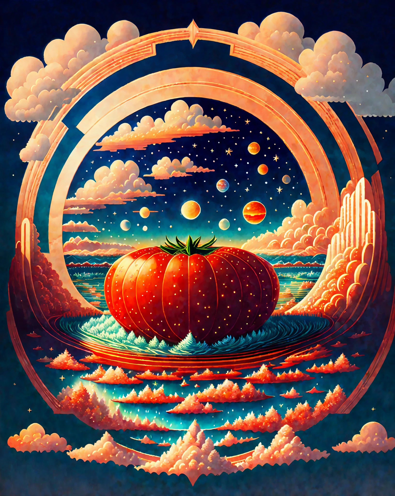 Beautiful land full of water and clouds, intricate, with a giant tomato in the center of the picture, masterpiece, expert, crazy detail, 4k, composite, centered, symmetry, painting, intricate, volumetric lighting, beautiful, rich dark masterpiece, sharp focus, ultra-detailed, in the style of Dan Mumford and Mark Simonetti, astrophotography, vector, print