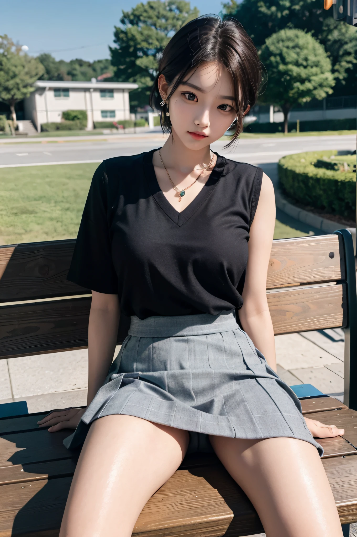 Korean school uniform, school uniform shirt, ribbon, skirt, bright brown hair, school poolside, poolside bench, 8K RAW photo, high resolution, cool Korean at 16 years old, big round breasts, beautiful eyes in every detail, long eyelashes, beautiful double eyelids, slit eyes, elongated eye shape, sanpaku eyes, duck mouth, evil smile, evil look, beautiful very thin legs, beautiful very thin thighs, random short hair, hair tied behind the head, earrings, necklaces,