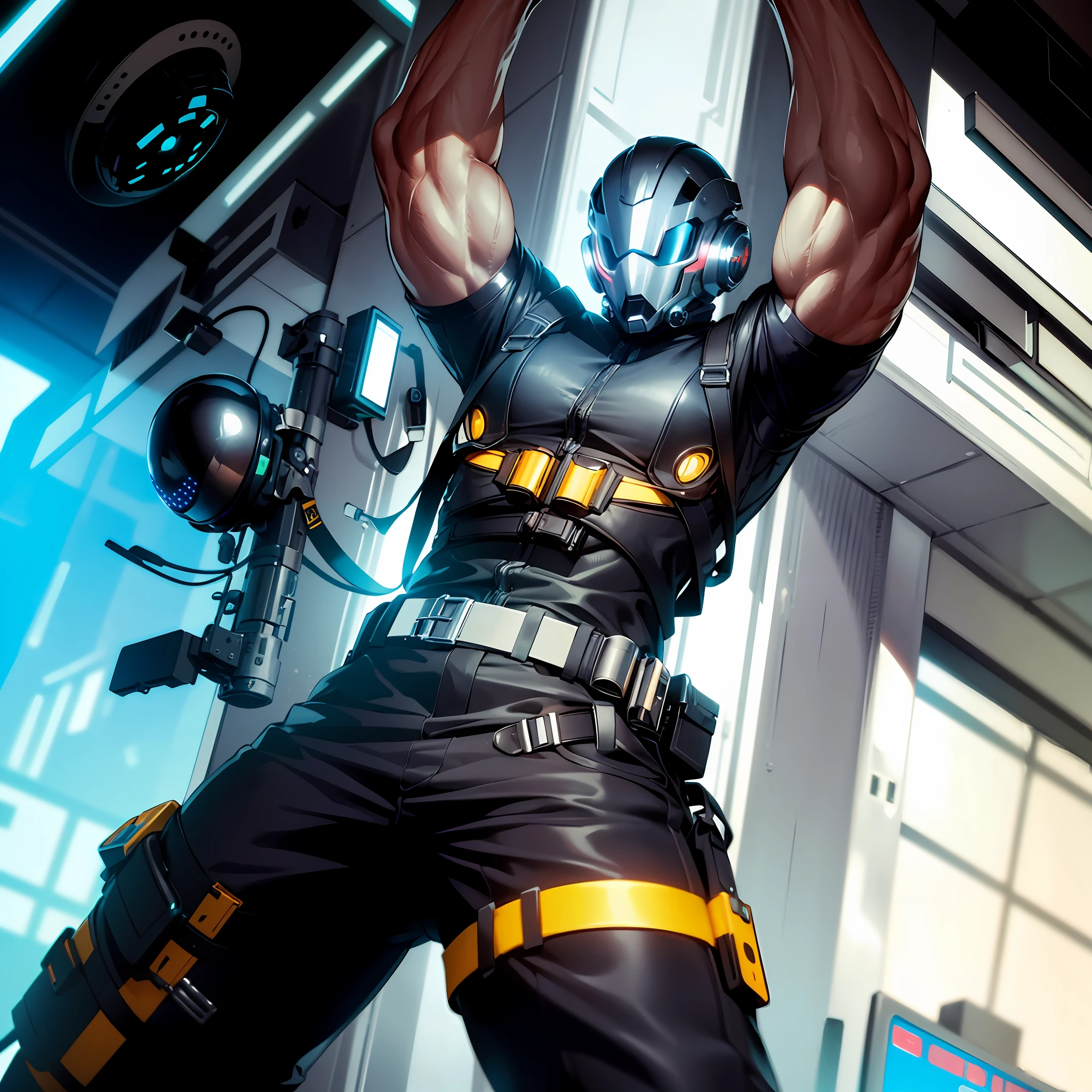 (masterpiece, high quality, 8K, full body) male, muscular male, muscle detail, faceless, faceless male, masked, helmet, cyberpunk mask, cyberpunk helmet, helmet covering all of face, googly eyes on helmet, engineer outfit, safety jacket, longpants, gloves, safety belts, boots, dynamic pose, machine background