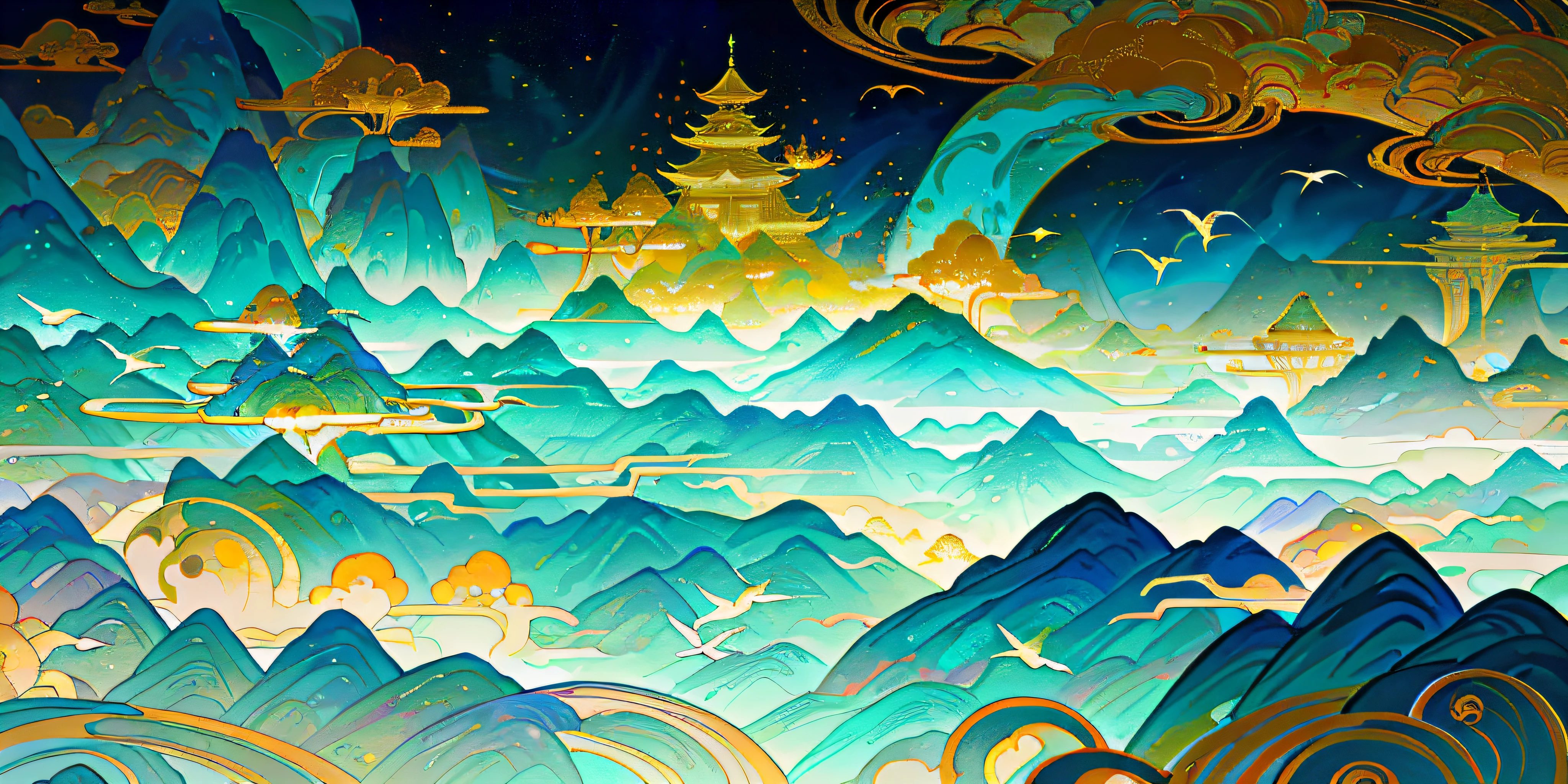 an image of an asian landscape with mountains and birds in the air, in the style of fantastical otherworldly visions, light cyan and gold, intricately mapped worlds, hyperrealistic illustrations, romanticized cityscapes, detailed character illustrations, organic shapes and curved lines, --v6