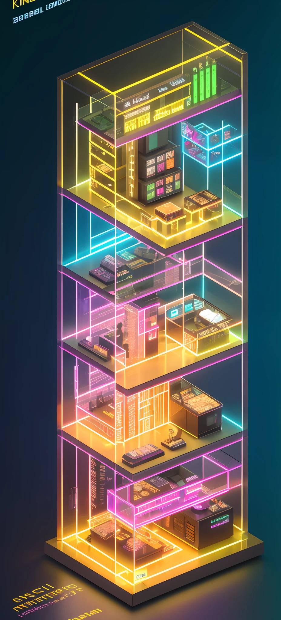 Cyberpunk, knollingcase, isometic render,coffee shop, bar, cafe, Spiral stairs, isometric display case, knolling teardown, transparent data visualization infographic, high-resolution OLED GUI interface display, high contrast, micro-details, octane render, photorealism, photorealistic