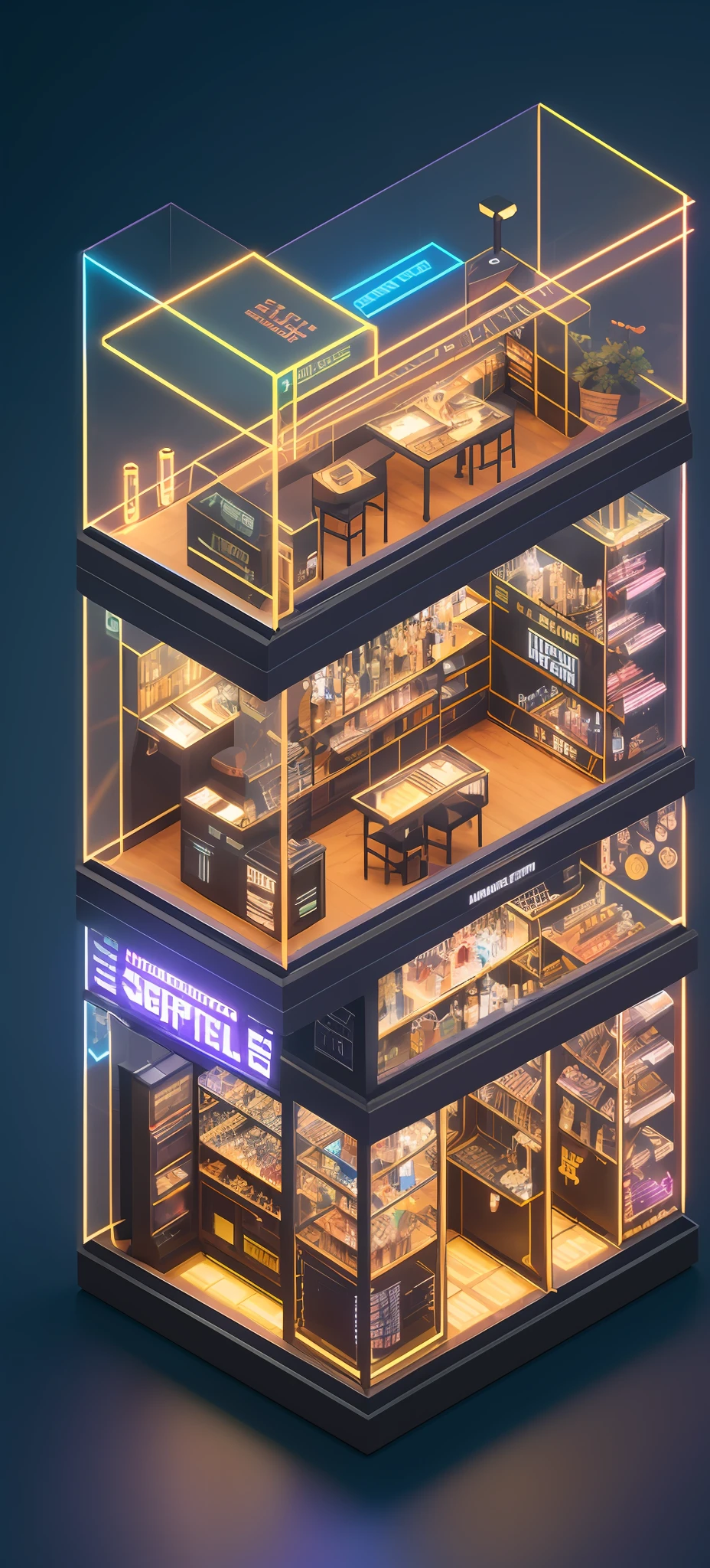 Cyberpunk, knollingcase, isometic render,coffee shop, bar, cafe, Spiral stairs, isometric display case, knolling teardown, transparent data visualization infographic, high-resolution OLED GUI interface display, high contrast, micro-details, octane render, photorealism, photorealistic