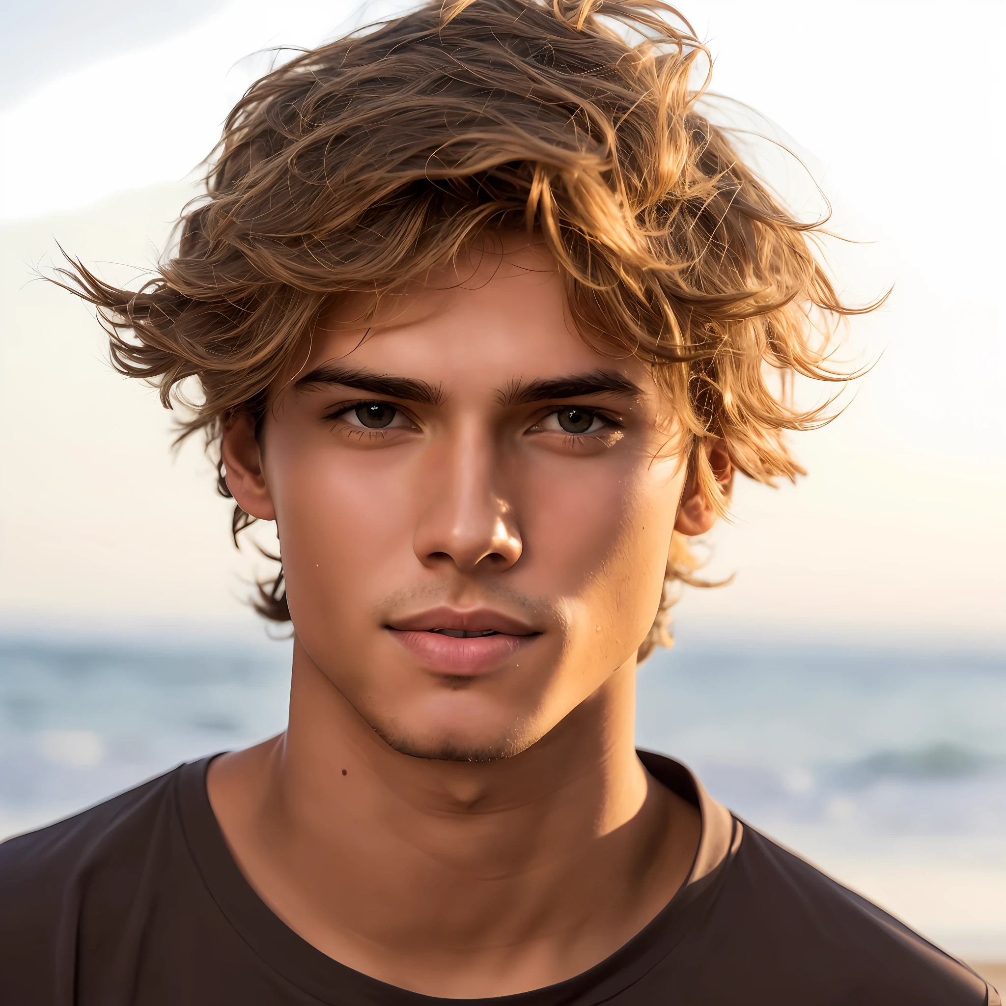 Arawed young smiling man with wavy hair and blue eyes and bare torso and swimming trunks on the beach, full body view, beautiful male face, slim man with light brown skin, perfect face and young, young man with beautiful face, perfect pretty face, handsome young man, handsome attractive face, pretty detailed face, gorgeous attractive face, attractive man, bare-chested miracle and full body view