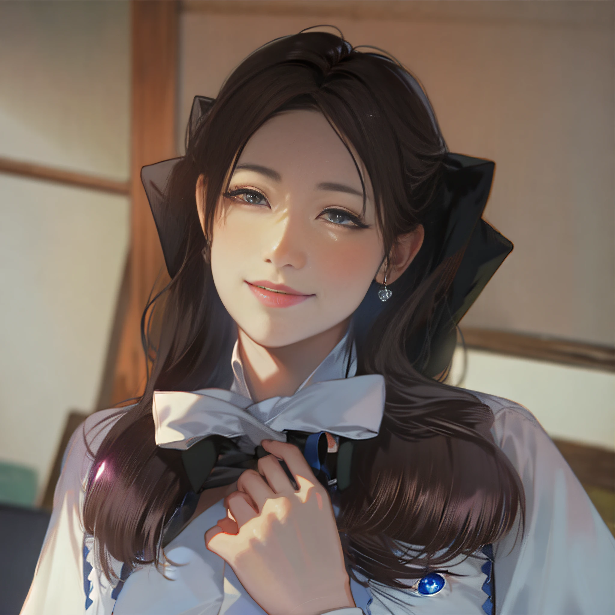 anime girl with long brown hair and a bow tie, kawaii realistic portrait, smooth anime cg art, artwork in the style of guweiz, painted in anime painter studio, made with anime painter studio, guweiz, beautiful anime portrait, guweiz on pixiv artstation, guweiz on artstation pixiv, photorealistic anime girl render