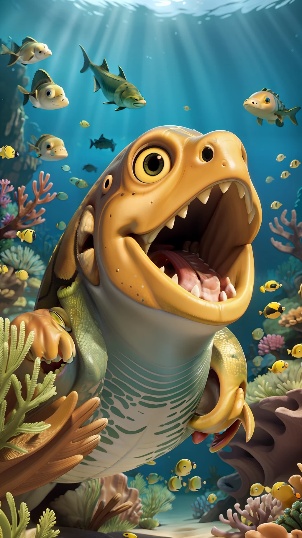 Best Quality:1.2,Masterpiece:1.2,Real:1.2,Close-up photo,Under the sea,Attack,Yellow and black moray eels,Scary face,Biting,