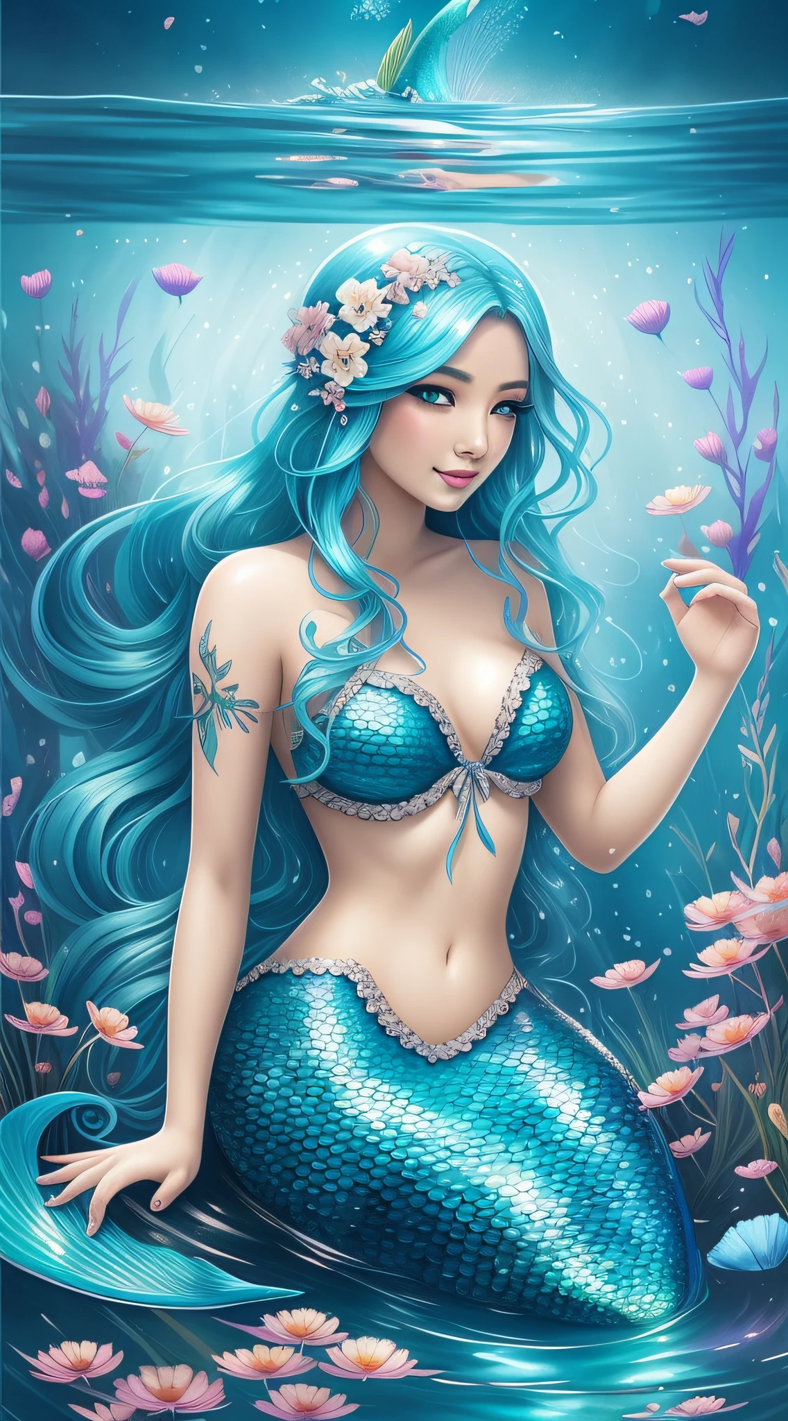 mermaid with blue hair and flowers floating in the water, beautiful mermaid, beautiful digital illustration, a beautiful artwork illustration, beautiful digital artwork, beautiful gorgeous digital art, beautiful digital art, asian female water elemental, gorgeous digital art, very beautiful digital art, closeup fantasy with water magic, beautiful fantasy art, beautiful digital painting, exquisite digital illustration, gorgeous digital painting