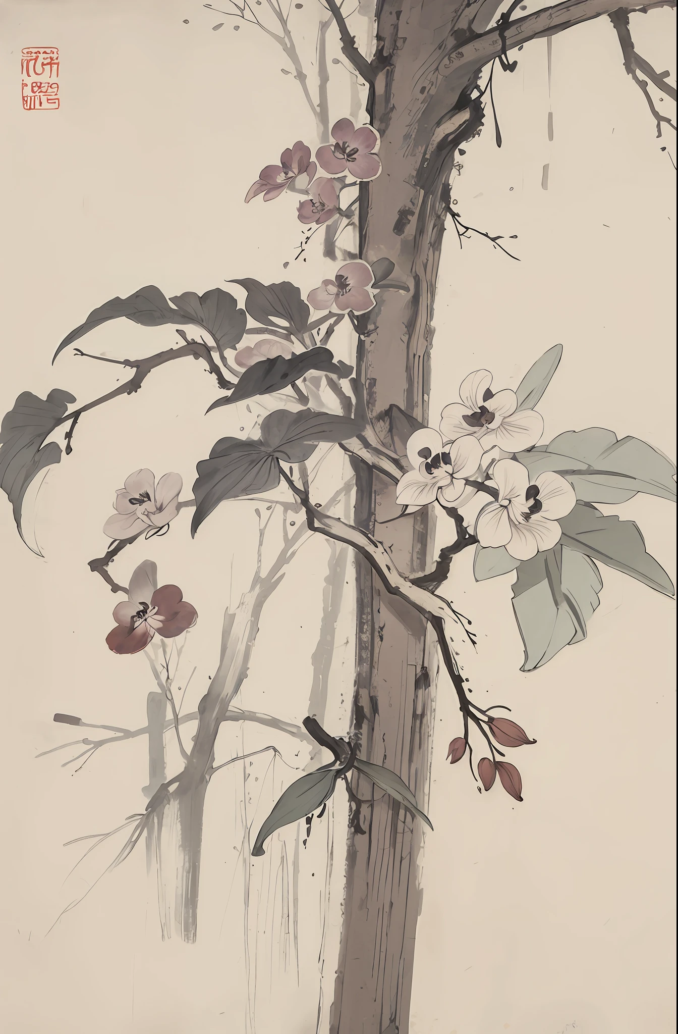 (Masterpiece, best quality: 1.2), traditional Chinese ink painting, orchid, a plant, flower, orchids are characterized by slender stems, narrow leaves, slender sepals and petals, while the flowers exhibit a variety of colors and complex textures