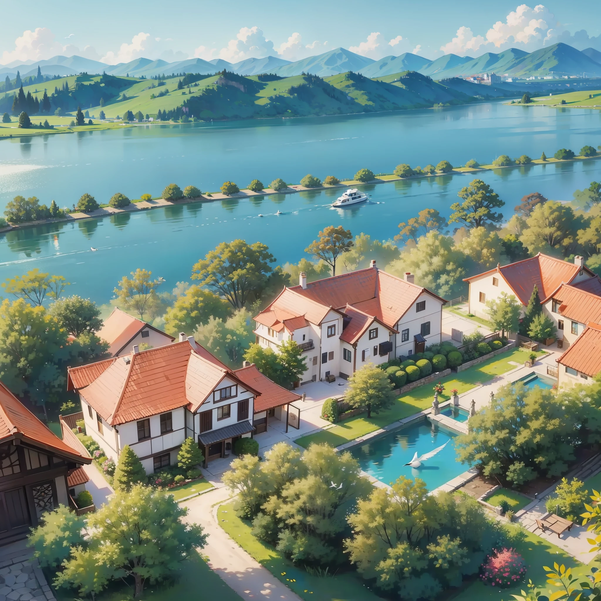 Villa area, river, bird's eye view