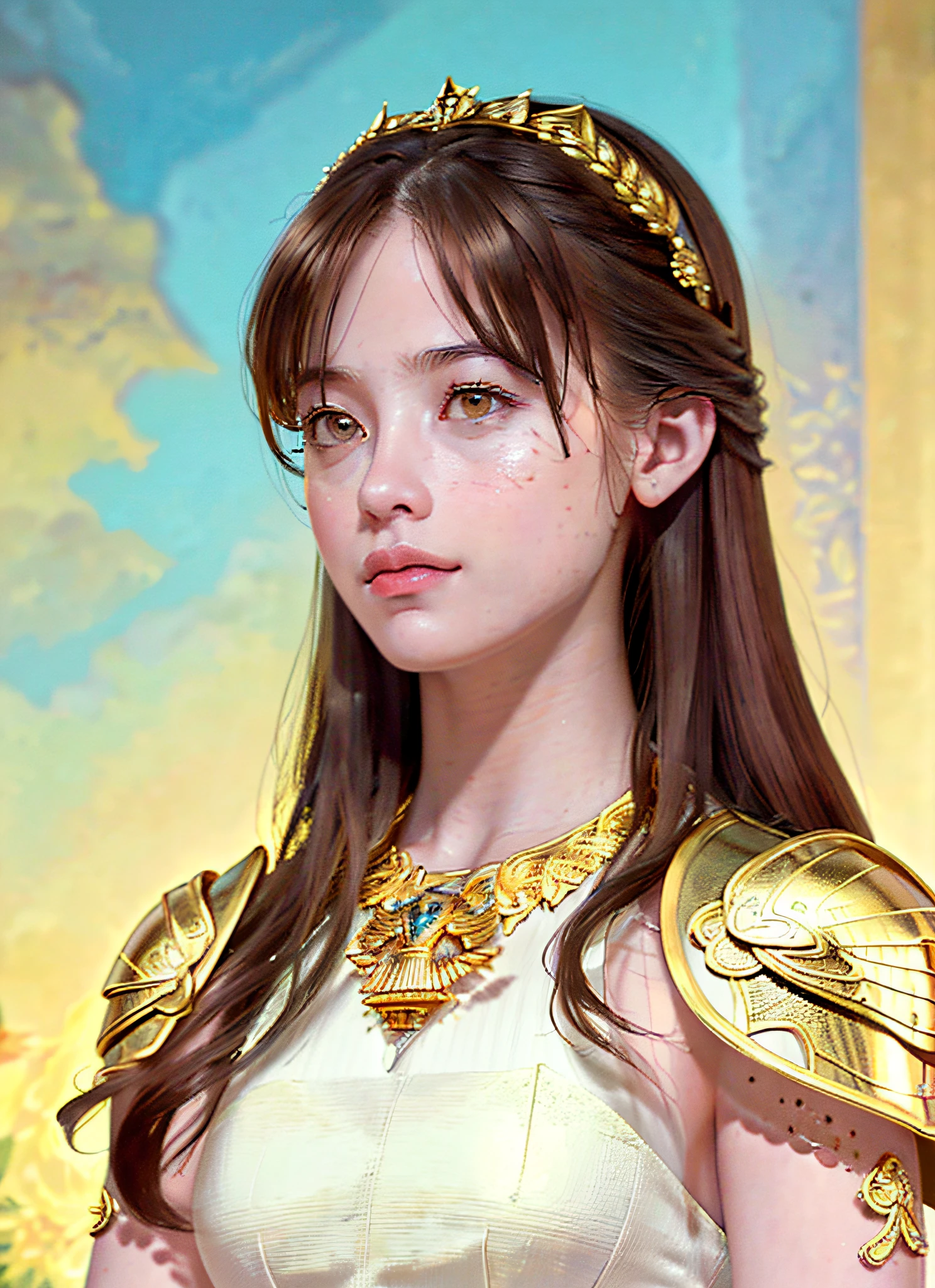 (Realistic, Portrait: 1.3), Intricate Details, Colossal, Sexy Swimsuit, (Ultrareal), (Illustration), (High Resolution), (8K), (Very Detailed), (Best Illustration), (Beautiful Detailed Eyes), (Best Quality), (Ultra Detailed), Intricate Detail Jewels (Detailed Women's Armor: 1.3), (Gorgeous Gold Armor: 1.2), 1 Girl, Solo, Long Hair, Wind, Gorgeous Face, Top quality, masterpiece, maximum detail, diffused lighting, (brown hair: 1.3), Valhalla Valkyrie, mechanical arm,