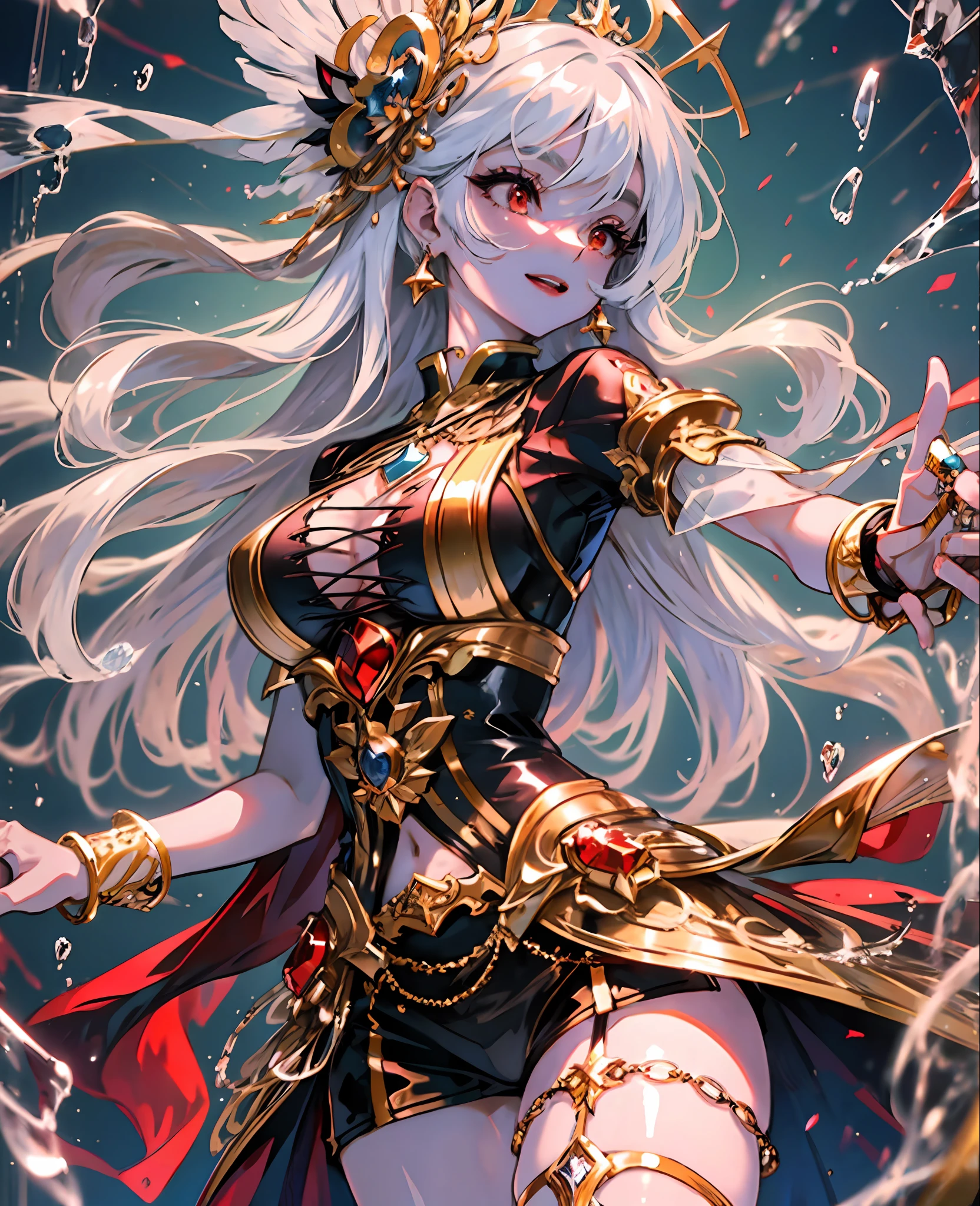 best quality, ultra-detailed, high resolution, extremely detailed cg, anime picture, unity 8k wallpaper, pov, (pale skin, white hair, red eyes, two tone hair, eyelashes, bracelet, jewelry, smile, detailed and beautiful passion idol outfit), sing hard, multiple poses, multiple angle, (gleaming skin, shiny hair, detailed and beautiful dancer clothes), detailed and majestic stage, Fantasy, Long Hair, 1 girl
