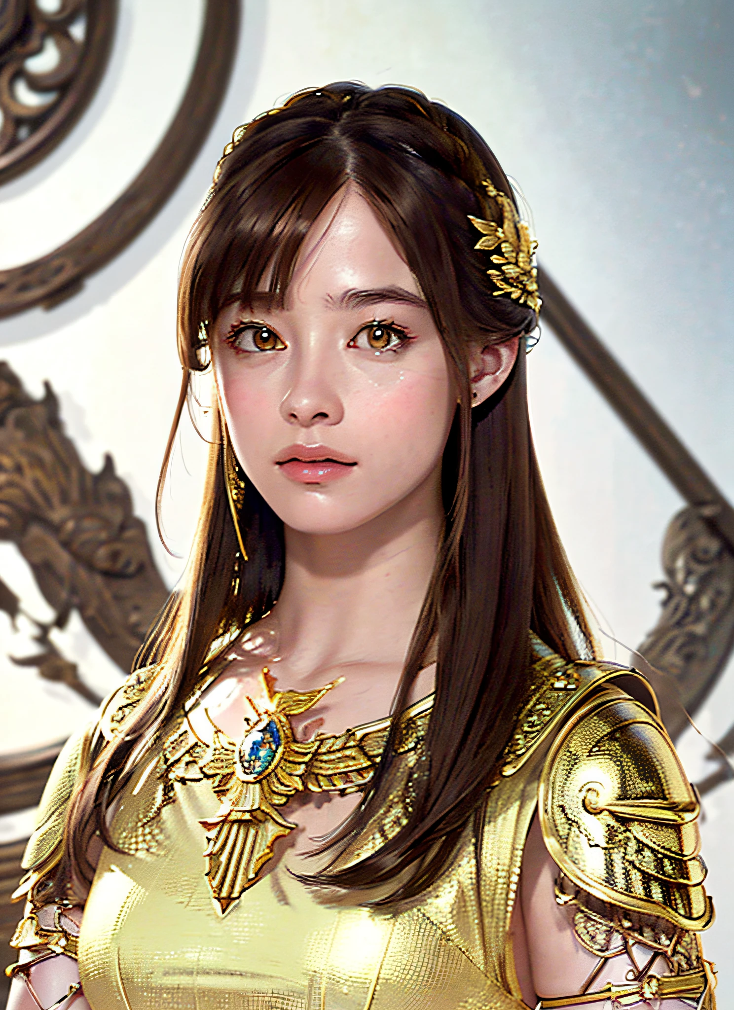 (Realistic, Portrait: 1.3), Intricate Details, Colossal, Sexy Swimsuit, (Ultrareal), (Illustration), (High Resolution), (8K), (Very Detailed), (Best Illustration), (Beautiful Detailed Eyes), (Best Quality), (Ultra Detailed), Intricate Detail Jewels (Detailed Women's Armor: 1.3), (Gorgeous Gold Armor: 1.2), 1 Girl, Solo, Long Hair, Wind, Gorgeous Face, Top quality, masterpiece, maximum detail, diffused lighting, (brown hair: 1.3), Valhalla Valkyrie, mechanical arm,
