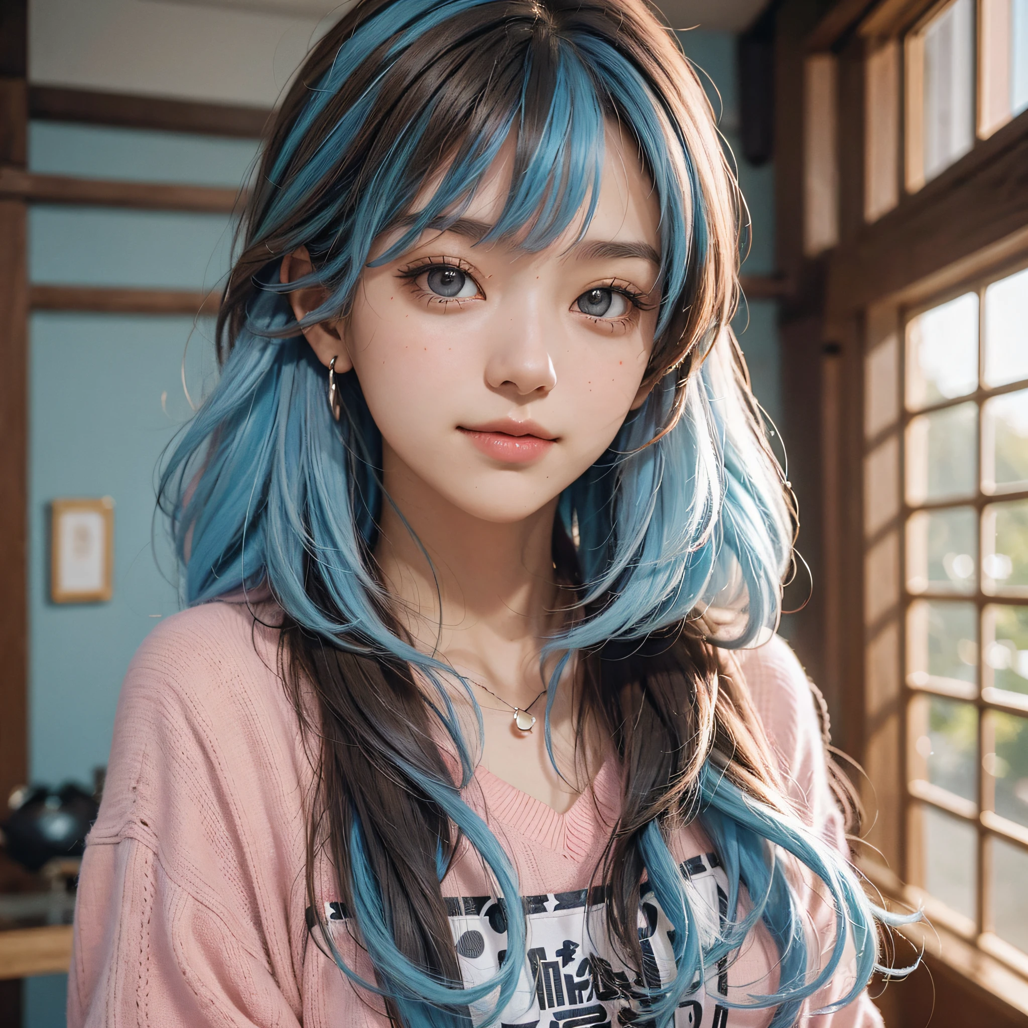 (1 beautiful girl: 2.0), (medium hair), gradient hair, (brown hair: 1.2), (light blue hair: 1.0), (pink hair: 1.0), big eyes, (brown-black eyes), shy annotation shot, japanese, smile, casual wear, interior, modern style, (black and white interior decoration), dark background, dark, close-up, upper body, sony A7 III., ((best quality))),(((ultra-detailed))),realistic.