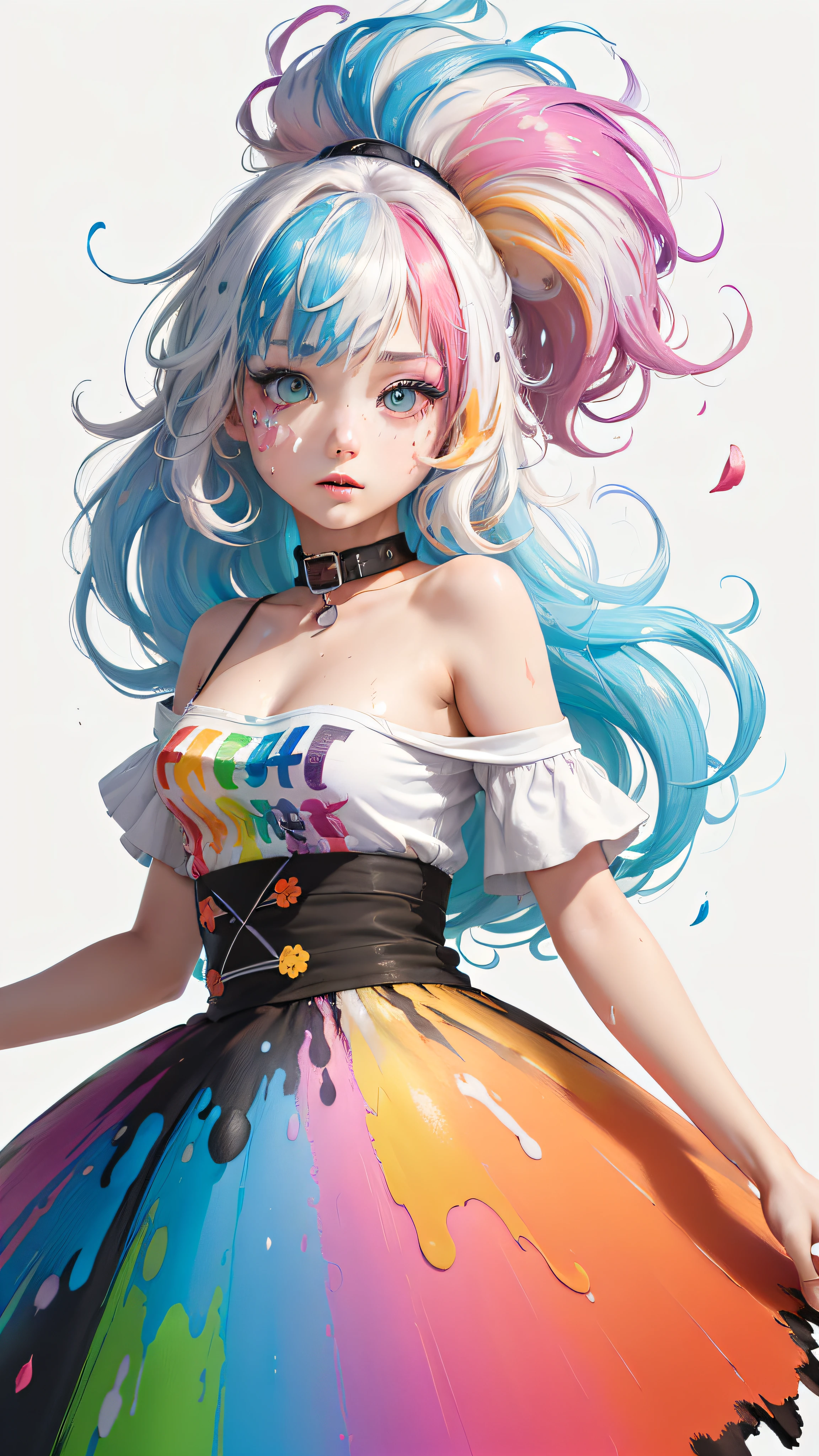 (Pink Fashion T-shirt:1.9),(Colorful hair: 1.8), (all the colours of the rainbow: 1.8),(((((vertical painting:1.6))), (painting:1.6),front, comics, illustrations, paintings, large eyes, crystal clear eyes,( rainbow color gradient high ponytail:1.7), exquisite makeup, closed mouth,(Small Fresh: 1.5),(Wipe Chest: 1.6) ,long eyelashes, white off shoulder T-shirt, White Shoulder Shirt,looking at the audience, large watery eyes, (rainbow colored hair:1.6), color splash, (solo:1.8), color splash, color explosion, thick paint style, messy lines, ((shining)),(colorful), (colorful), (colorful), colorful, Thick Paint Style, (Splash) (Color Splash), Vertical Painting, Upper Body, Paint Splash, Acrylic Pigment, Gradient, Paint, Highest Image Quality, Highest Quality, Masterpiece, Solo, Depth of Field, Face Paint, colorful clothes, (Elegant: 1.2), gorgeous,long hair, wind, (Elegant: 1.3), (Petals: 1.4),(((masterpiece))),(((best quality))),((ultra-detailed)),(illustration),(dynamic angle),((floating)),(paint),((disheveled hair)),(solo),(1girl) , (((detailed anima face))),((beautiful detailed face)),collar,bare shoulders,white hair, ((colorful hair)),((streaked hair)),beautiful detailed eyes,(Gradient color eyes),(((colorful eyes))),(((colorful background))),(((high saturation))),(((surrounded by colorful splashes))),