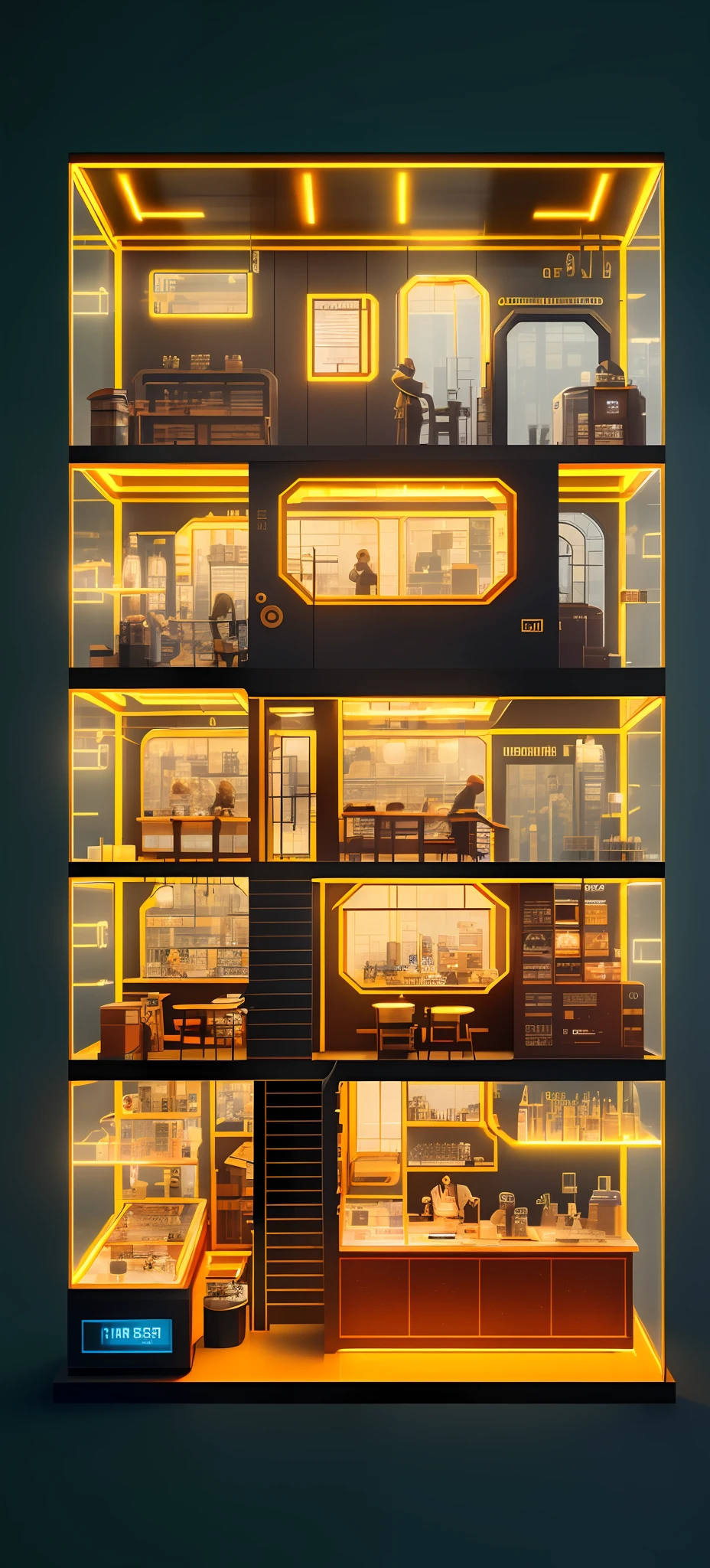Atompunk, knollingcase, isometic render, coffee shop, bar, cafe, Spiral stairs, isometric display case, knolling teardown, transparent data visualization infographic, high-resolution OLED GUI interface display, high contrast, micro-details, octane render, photorealism, photorealistic