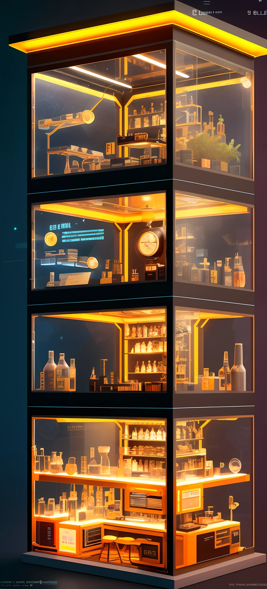 Atompunk, knollingcase, isometic render, coffee shop, bar, cafe, Spiral stairs, isometric display case, knolling teardown, transparent data visualization infographic, high-resolution OLED GUI interface display, high contrast, micro-details, octane render, photorealism, photorealistic