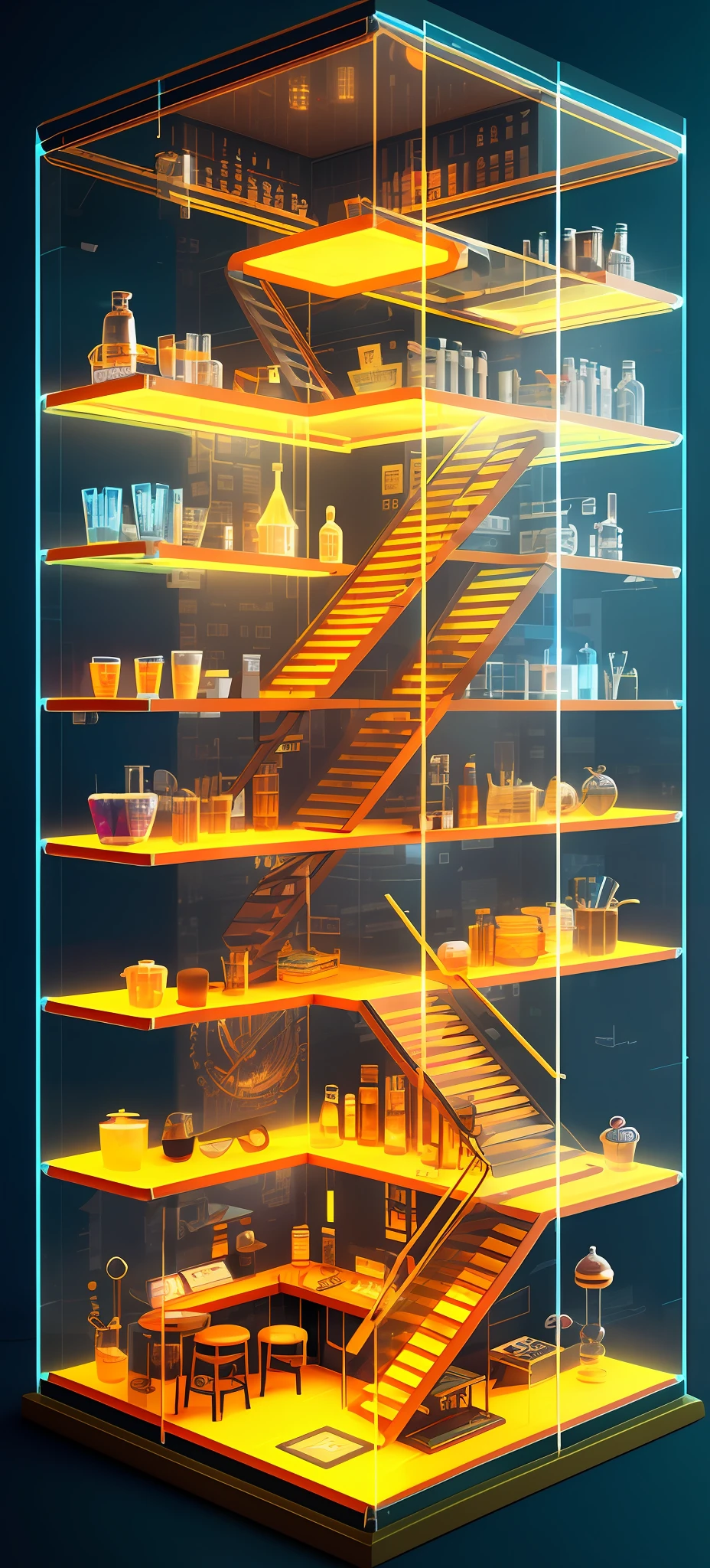 Atompunk, knollingcase, isometic render, coffee shop, bar, cafe, Spiral stairs, isometric display case, knolling teardown, transparent data visualization infographic, high-resolution OLED GUI interface display, high contrast, micro-details, octane render, photorealism, photorealistic