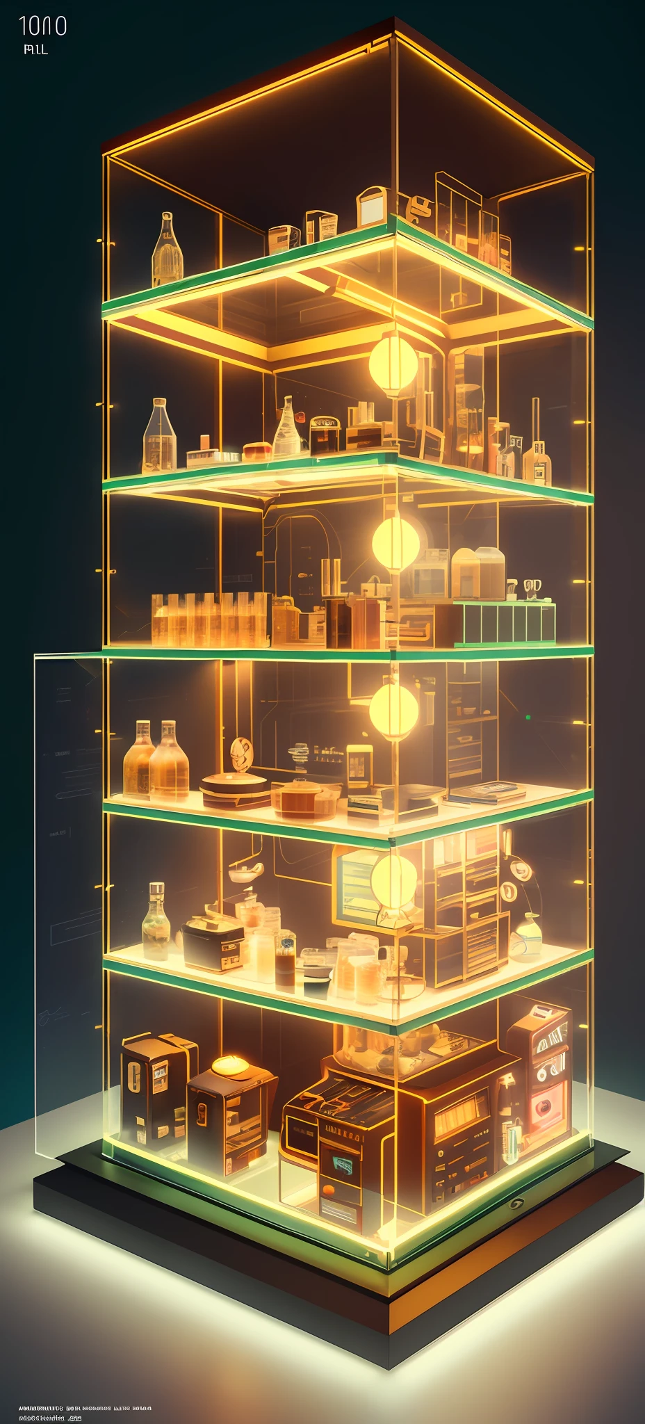 Atompunk, knollingcase, isometic render, coffee shop, bar, cafe, Spiral stairs, isometric display case, knolling teardown, transparent data visualization infographic, high-resolution OLED GUI interface display, high contrast, micro-details, octane render, photorealism, photorealistic