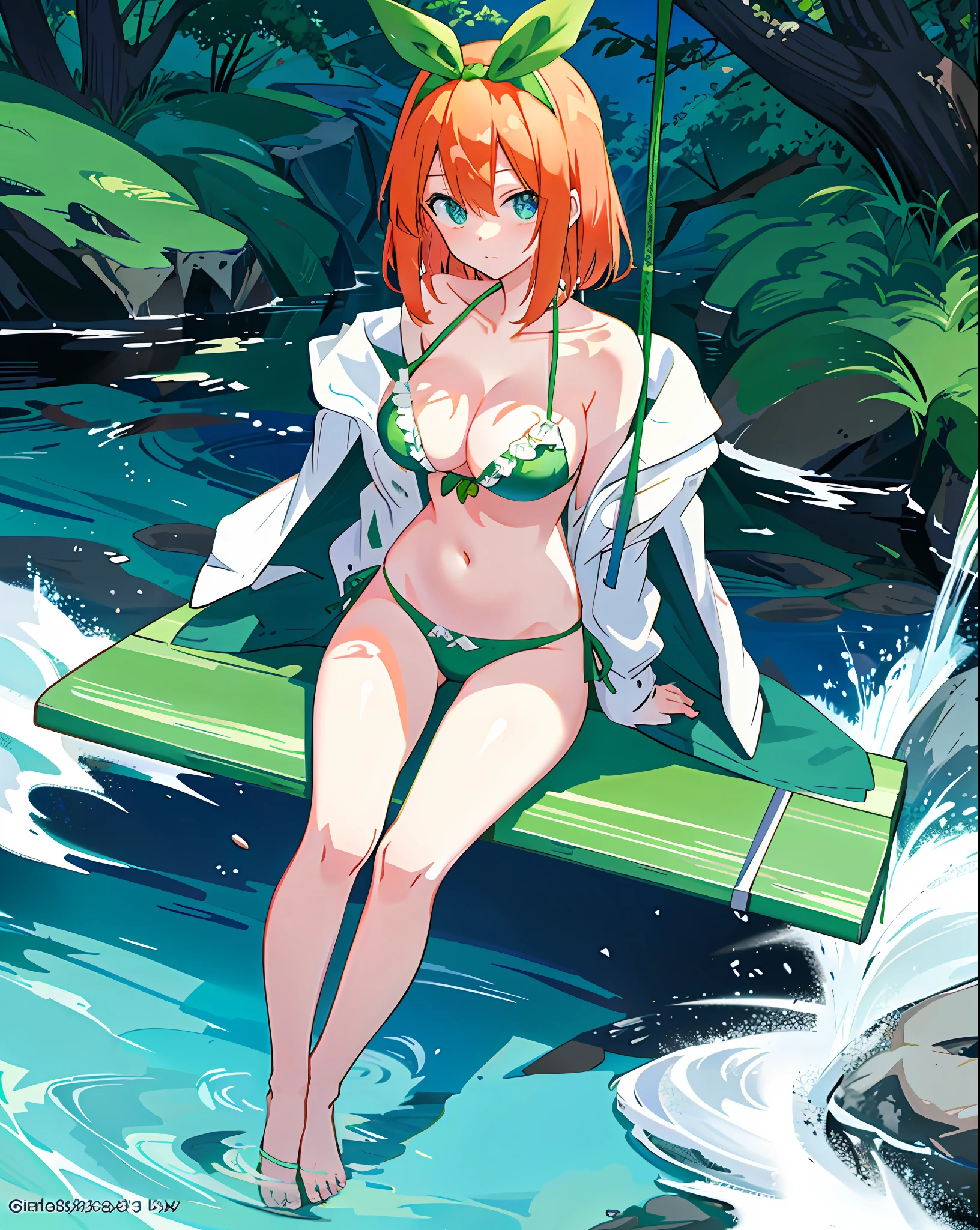Bikini anime girl sitting on a swing in the jungle, seductive anime girl, oppai, best anime girl, lustful vegetation, a sexy maiden in a magical forest, fine details anime, Yotsuba, Yotsuba nakano, anime goddess, high quality anime art, placed in lush forest, lush anime John 8K Woods,  Goddess of nature, beautiful anime attractive ager, green bikini and green ribbon