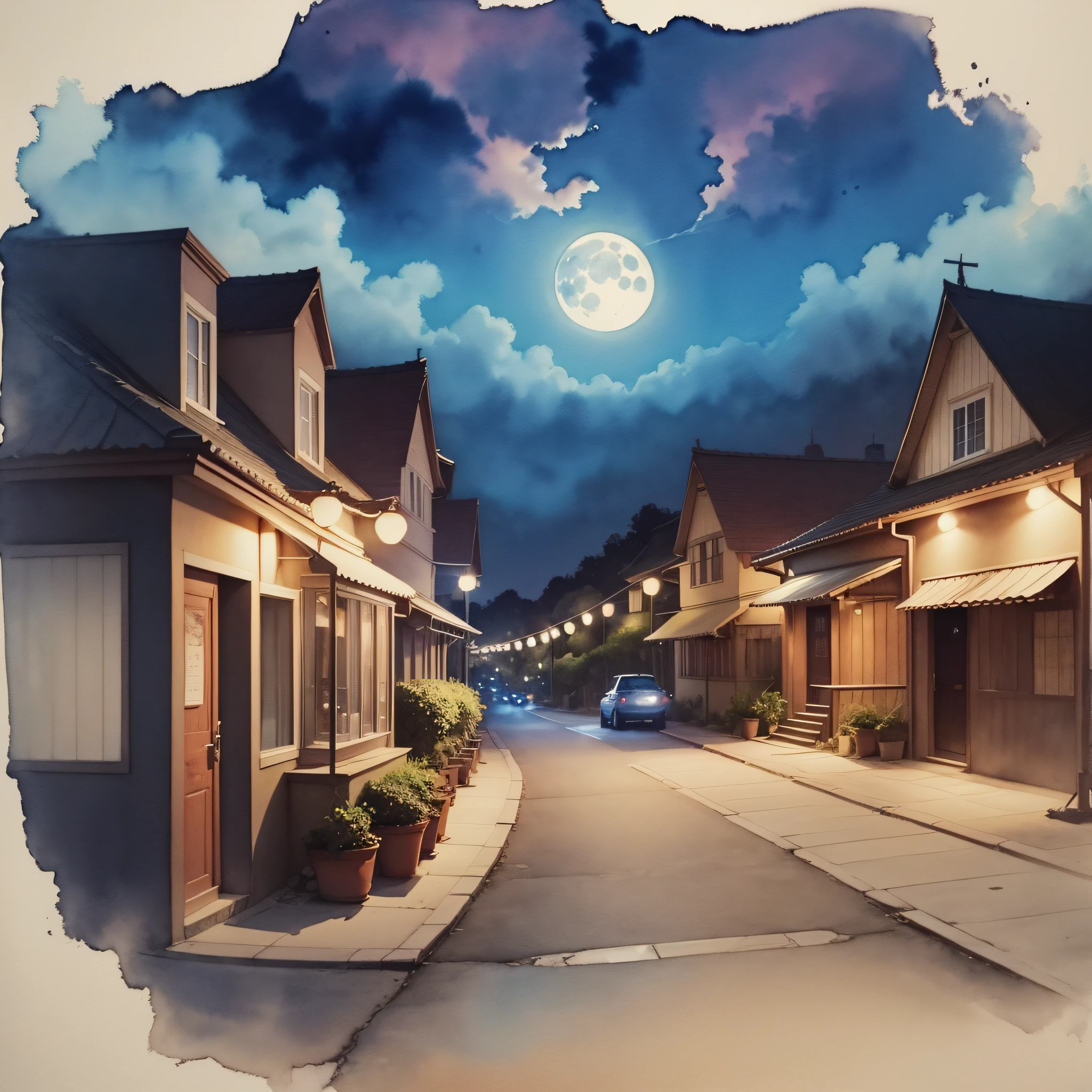 Watercolor art, night with a beautiful sky and moonlight --auto --s2
