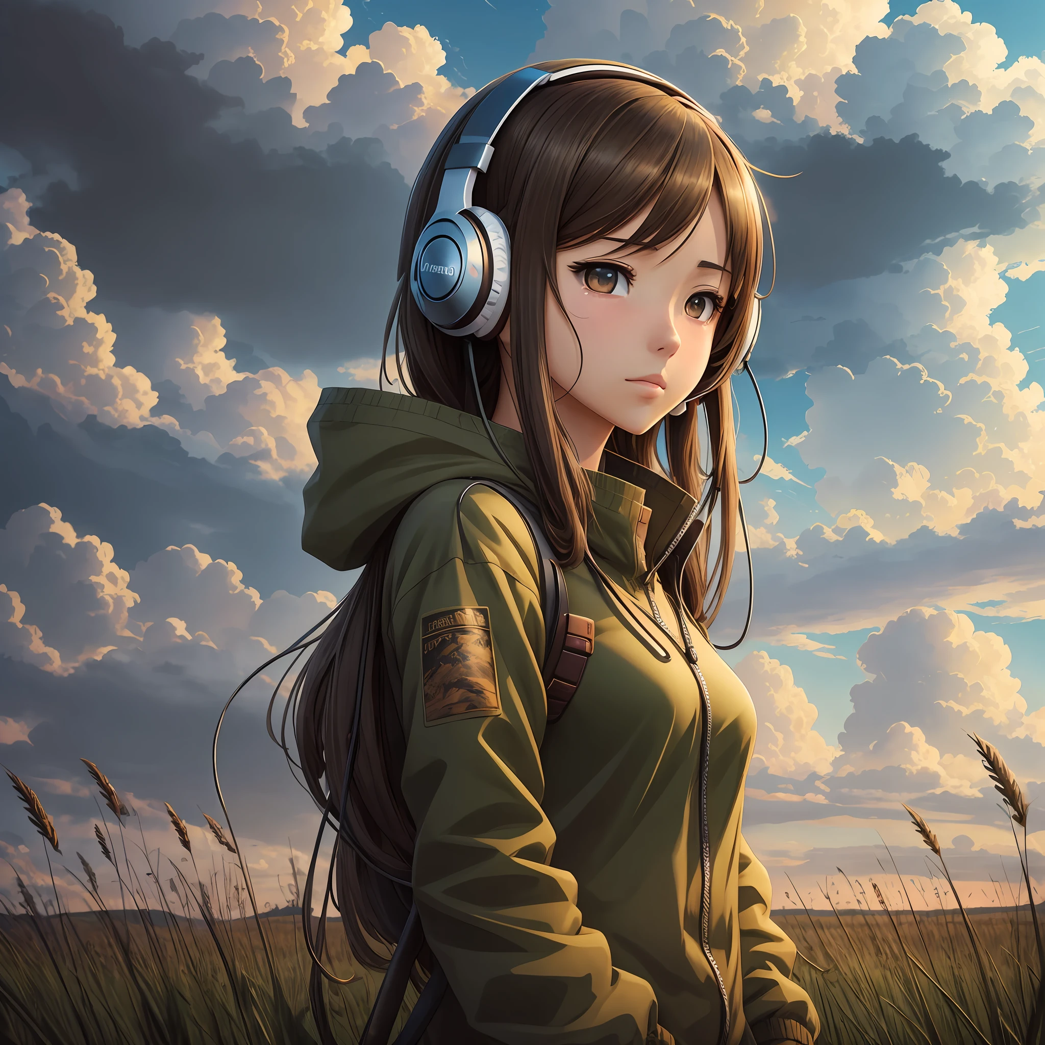 an anime girl wearing headphones and standing in a field, in the style of realistic hyper-detailed portraits, cabincore, earthy colors, ambitious, dinopunk, atmospheric clouds, bold, manga-inspired characters --auto --s2