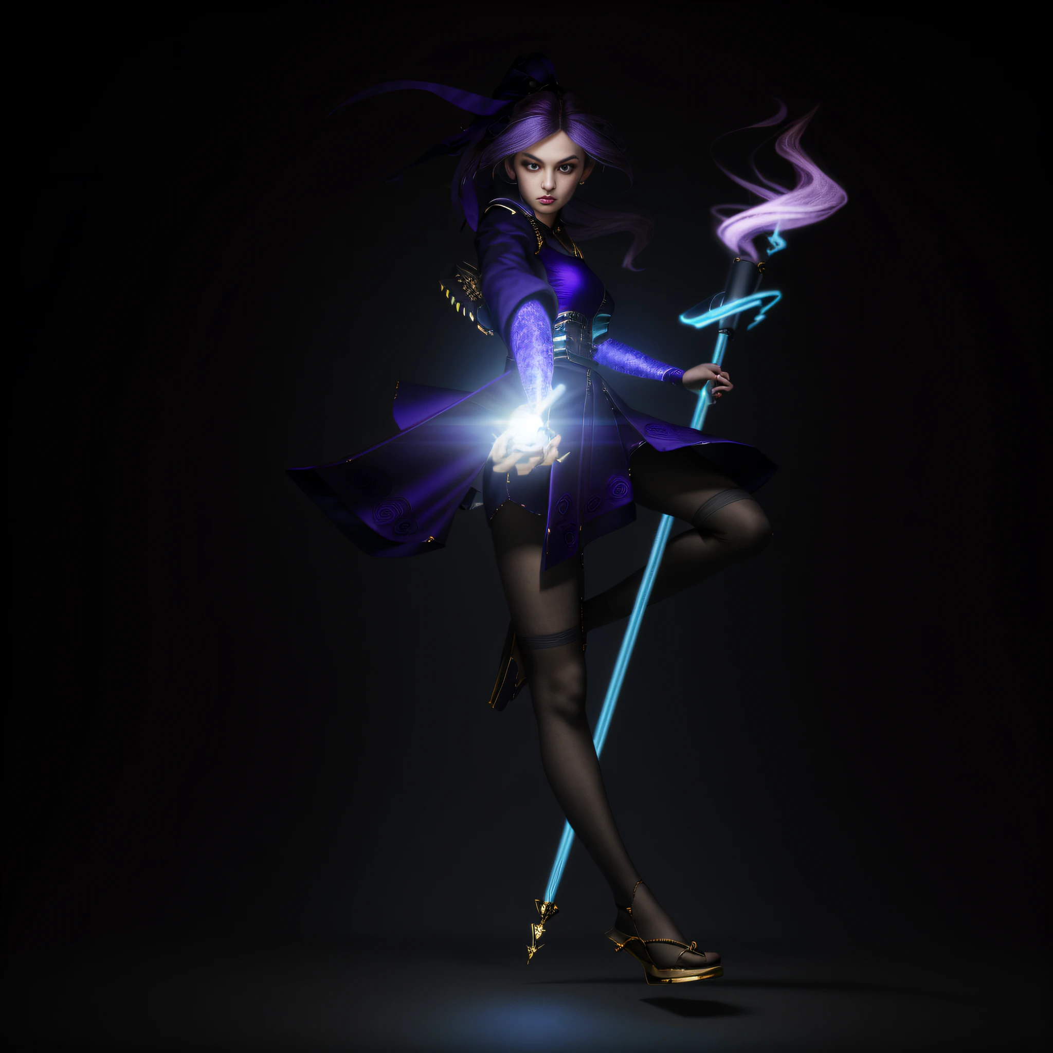 3d rendering, cgi, symmetry, octane rendering, 35mm, complex detail, HDR, complex detail, ultra detail, natural skin texture, surrealism, sharp, 1 girl, woman, portrait, looking at the audience, solo, detailed background, close up, purple eyes, colored hair, detailed face, dynamic pose, blue light, sparks, electricity, explosion, movie atmosphere,
