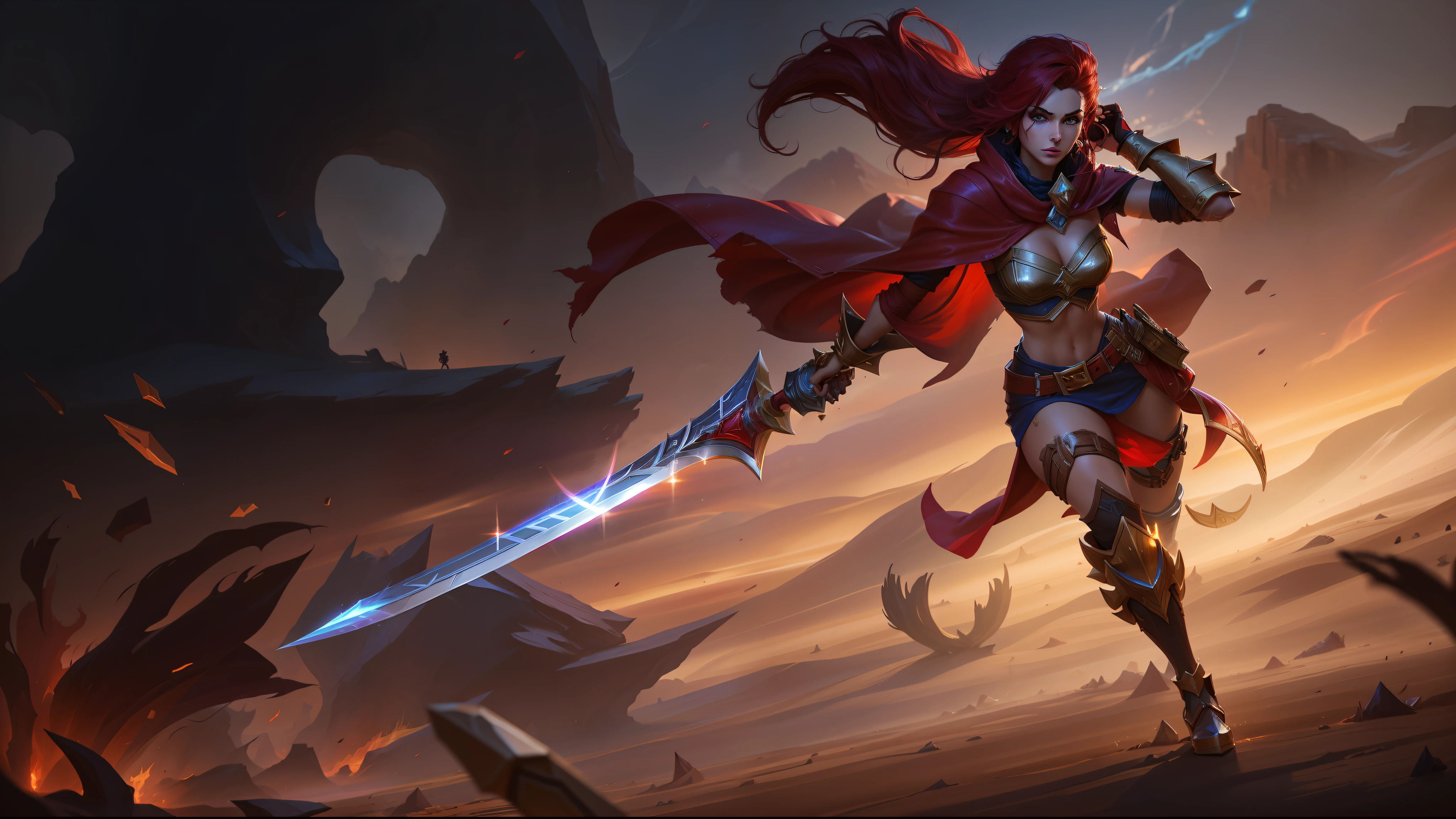 a woman in a red cape holding a sword in a desert, league of legends splash art, wallpaper splash art promo art, splash art, league of legends splashart, official splash art, league of legends character, iconic character splash art, league of legends art, league of legends character art, league of legends concept art, style league of legends, league of legends style art