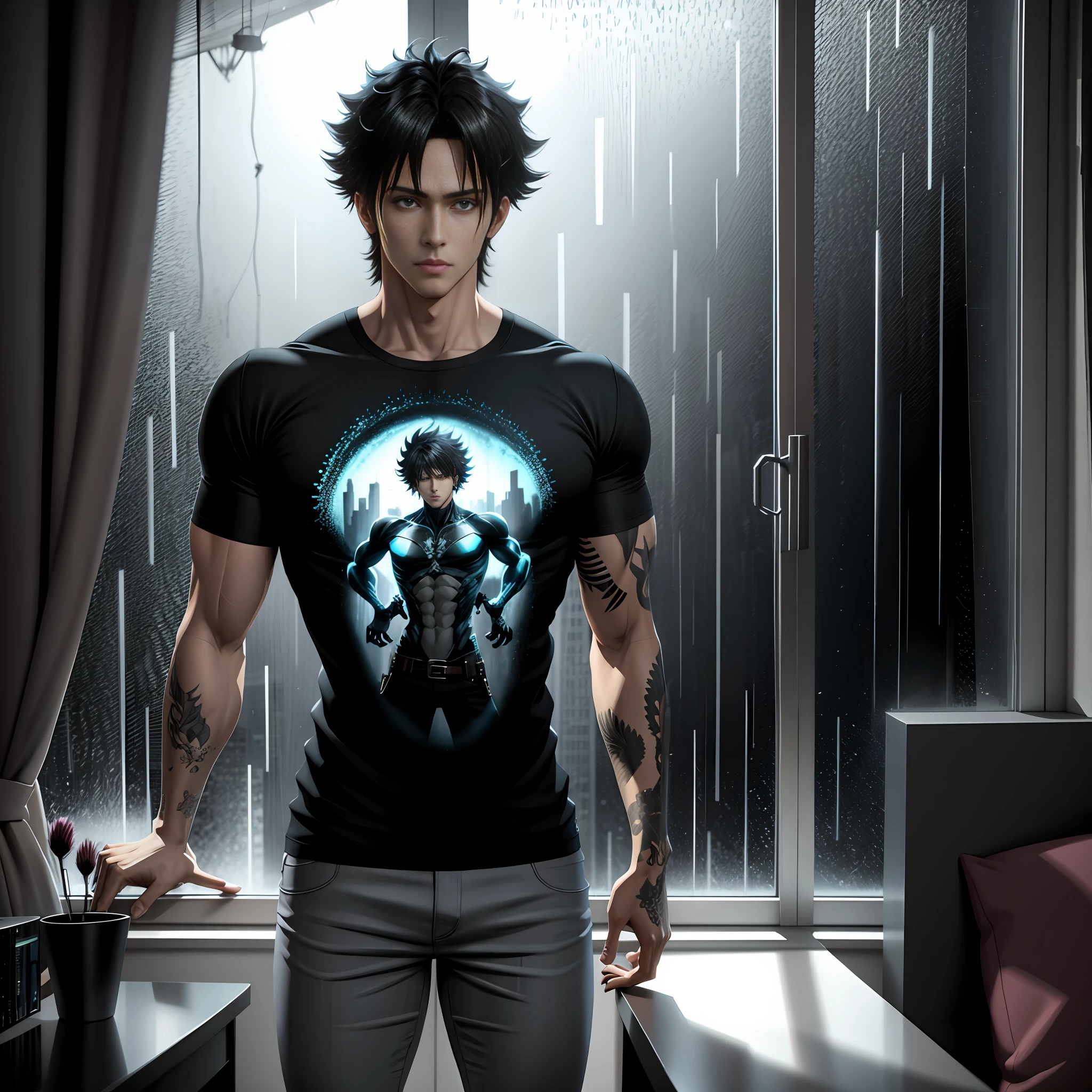 3D, urban room, rainstorm weather, 4K manga wallpaper, 4K anime wallpaper, anime concept HDR anime McManus, anime handsome guy, anime beauty, inspired by Masanobu Okumura, handsome guy in demon killer art, anime realism style, anime art wallpaper 4k, anime art wallpaper 4k dim light, Chinese man, t-shirt, leaning against the window, looking out the window with his back to the camera