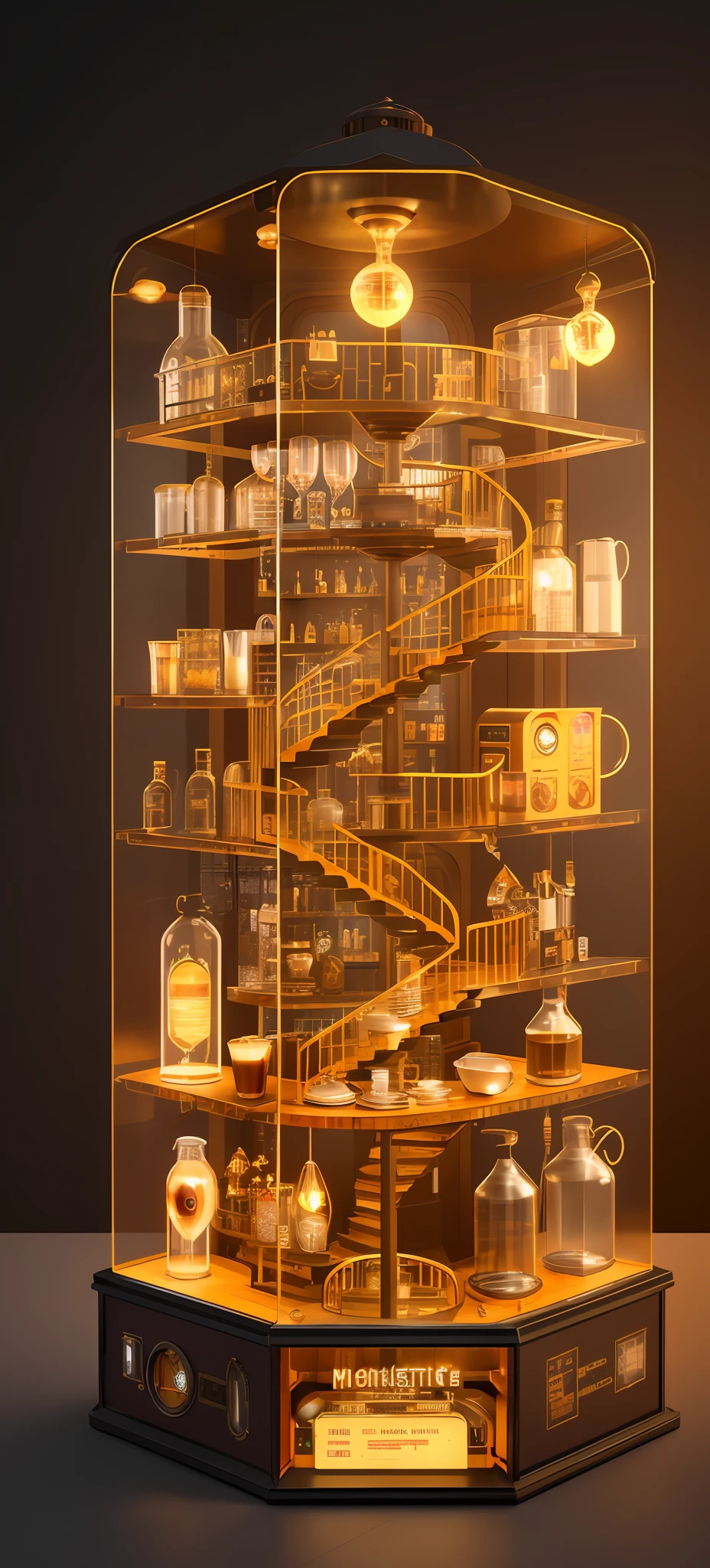 Steampunk, knollingcase, isometic render, (coffee shop), (bar), (cafe), Spiral stairs, isometric display case, knolling teardown, transparent data visualization infographic, high-resolution OLED GUI interface display, high contrast, micro-details, octane render, photorealism, photorealistic