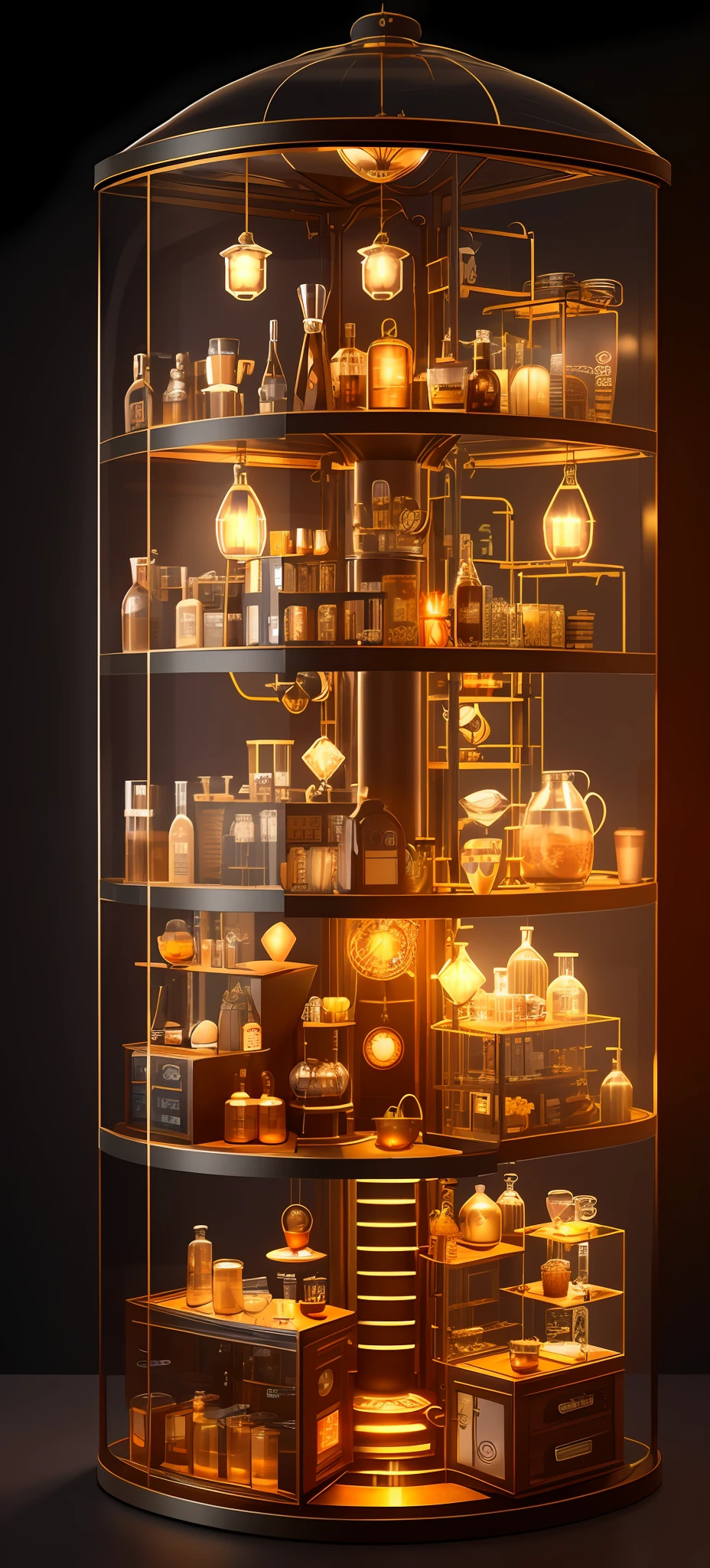 Steampunk, knollingcase, isometic render, (coffee shop), (bar), (cafe), Spiral stairs, isometric display case, knolling teardown, transparent data visualization infographic, high-resolution OLED GUI interface display, high contrast, micro-details, octane render, photorealism, photorealistic