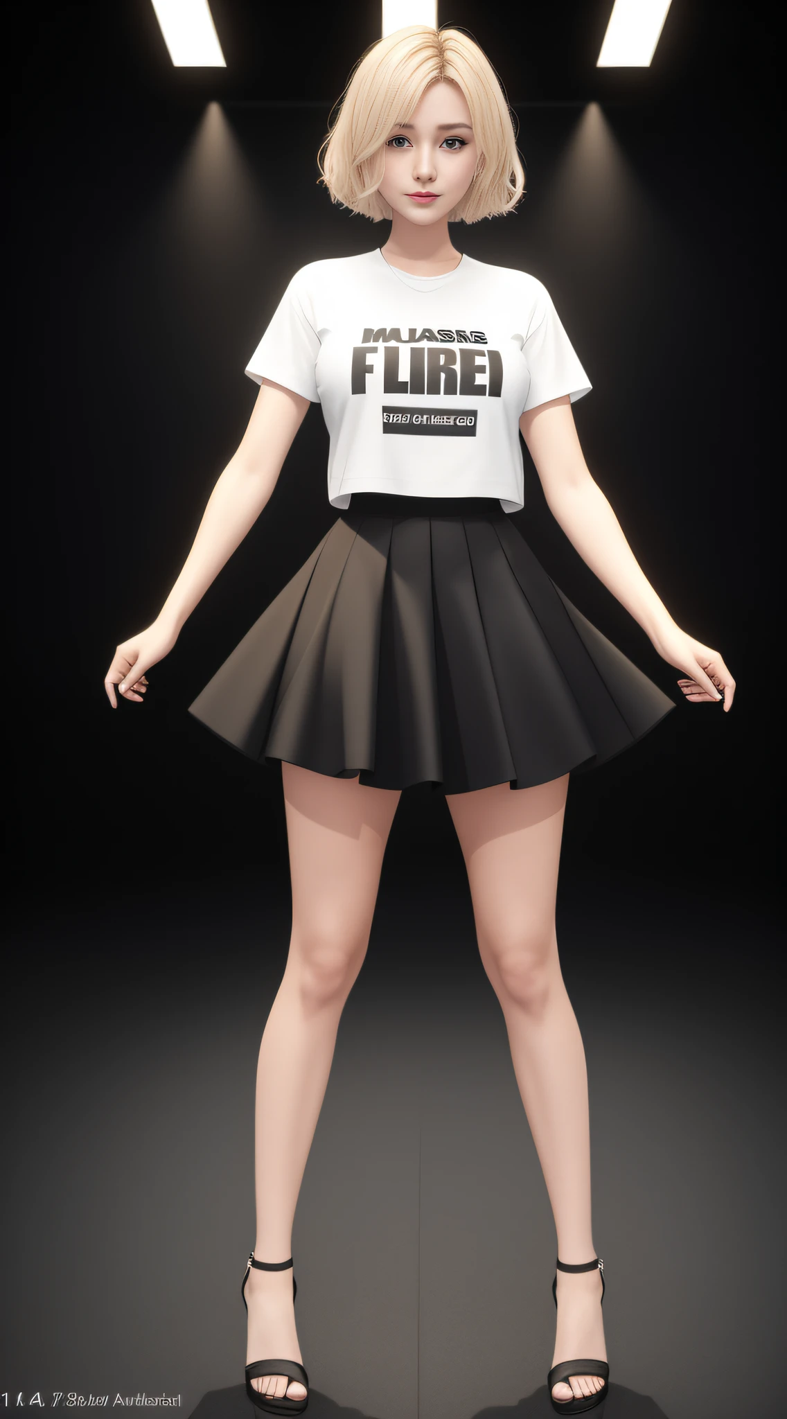 8k, masterpiece, absurd, HDR, highly detailed eyes and face, smile, beautiful nod_woman, short blonde hair, short skirt, mesh t-shirt, prominent through t-shirt, perfect nod_body, perfect nod_face, (same character, front), (full body: 1.6), arms outstretched down, best quality, super high resolution, (reality: 1.4), 1 woman, looking at the audience, golden proportions, broad shoulders, thin waist, double eyelids, high heels, (standing with legs apart: 1.3), Face Viewer, Full Body Photo (FLS), Single, Vanishing Point