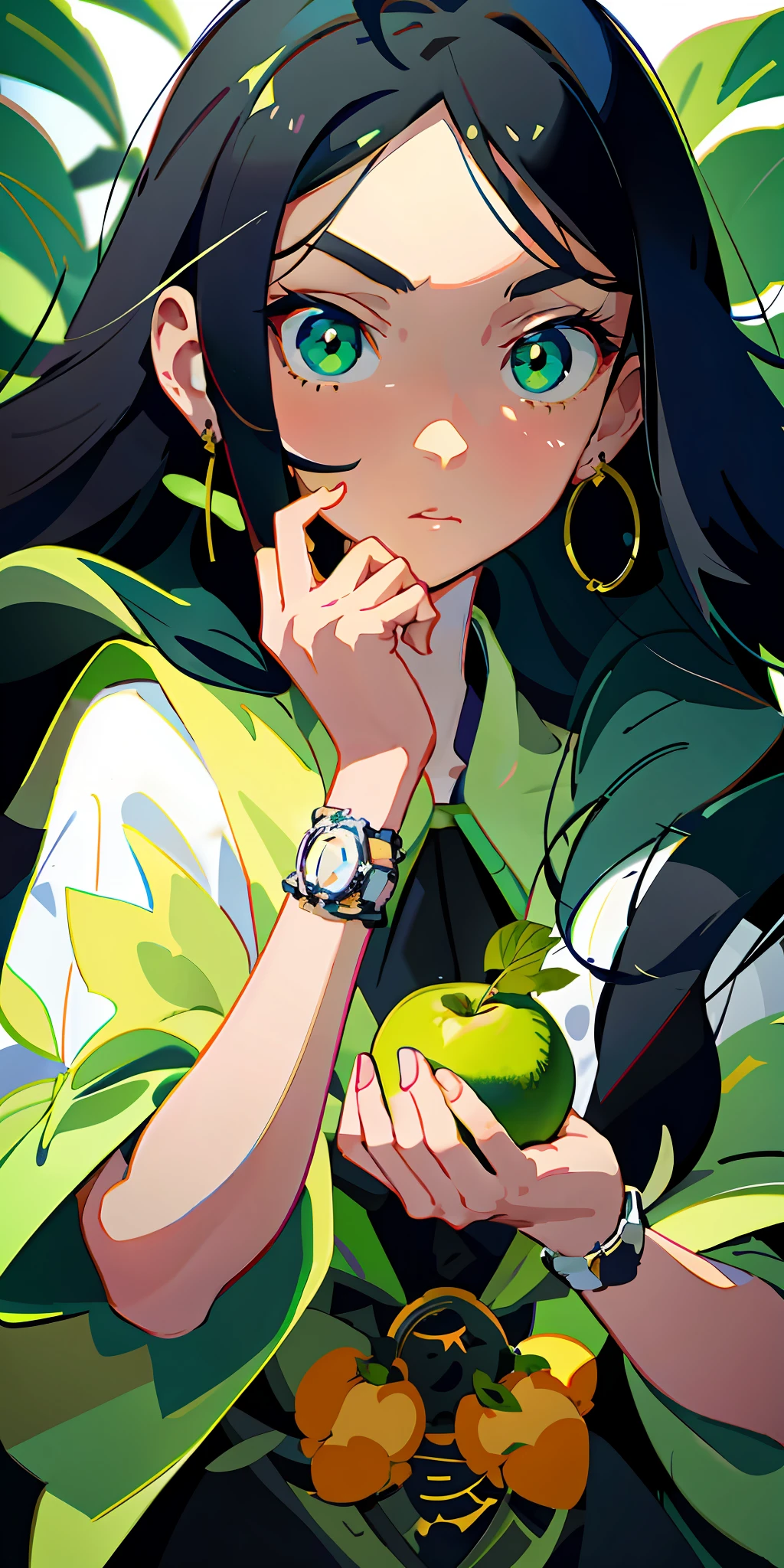 anime girl with green eyes holding a green apple and a green leaf, with apple, digital anime illustration, detailed digital anime art, anime style illustration, detailed fanart, anime styled digital art, trending on artstration, anime graphic illustration, anime artstyle, anime illustration, in style of digital illustration, 2 d illustration, 2d illustration, loish art style