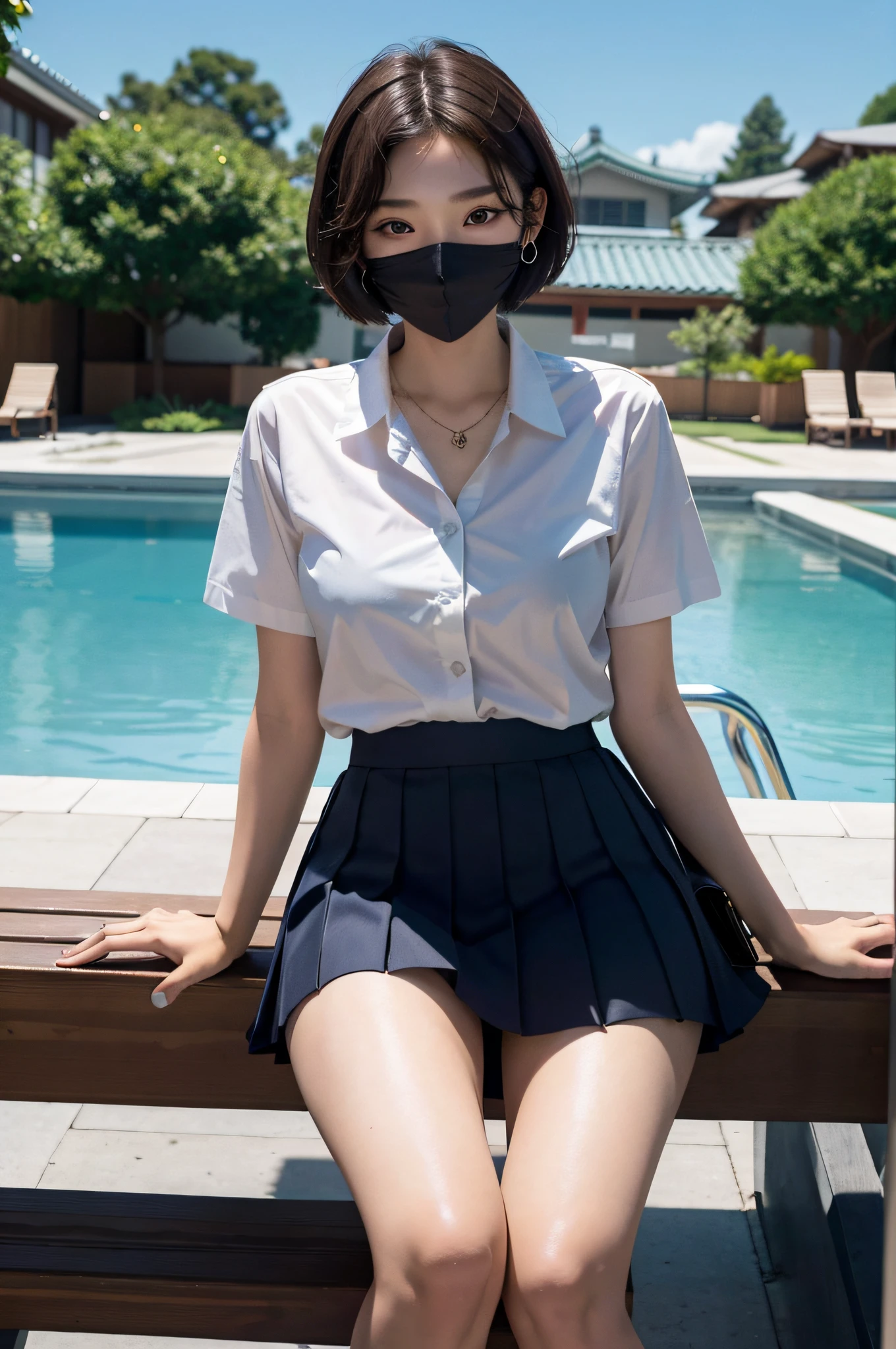 Korean school uniform, school uniform shirt, ribbon, skirt, bright brown hair, school poolside, poolside bench, 8K RAW photo, high resolution, cool Korean at , big round breasts, beautiful eyes in every detail, long eyelashes, beautiful double eyelids, slit eyes, elongated eye shape, sanpaku eyes, duck mouth, evil smile, evil look, beautiful very thin legs, beautiful very thin thighs, random short hair, hair tied behind the head, earrings, necklaces,