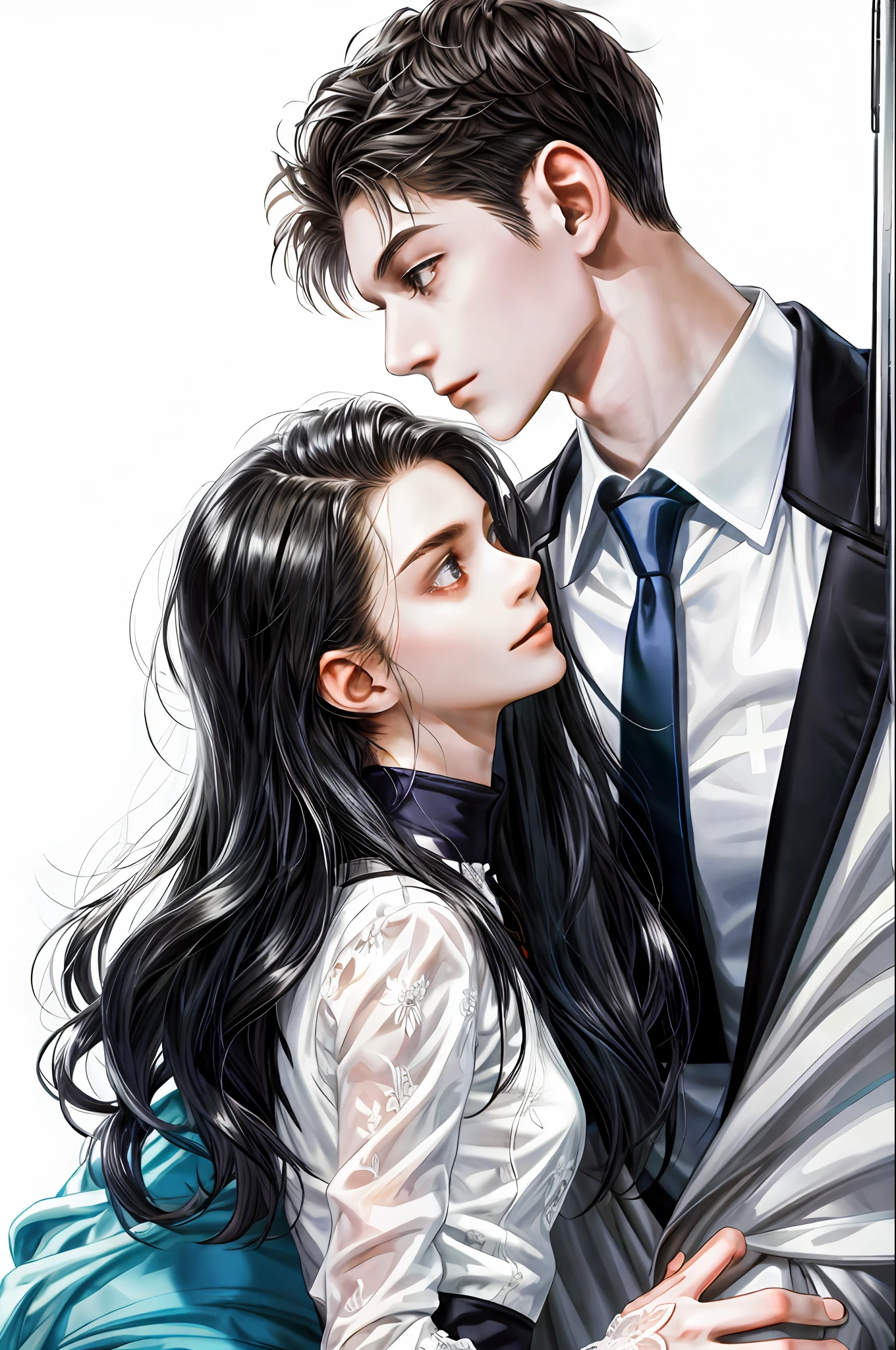 (masterpiece, best quality), 2others, couple, 1boy with 1girl, Height difference, different color, upper body, from side, profile, simple background, white background, extremely detailed eyes