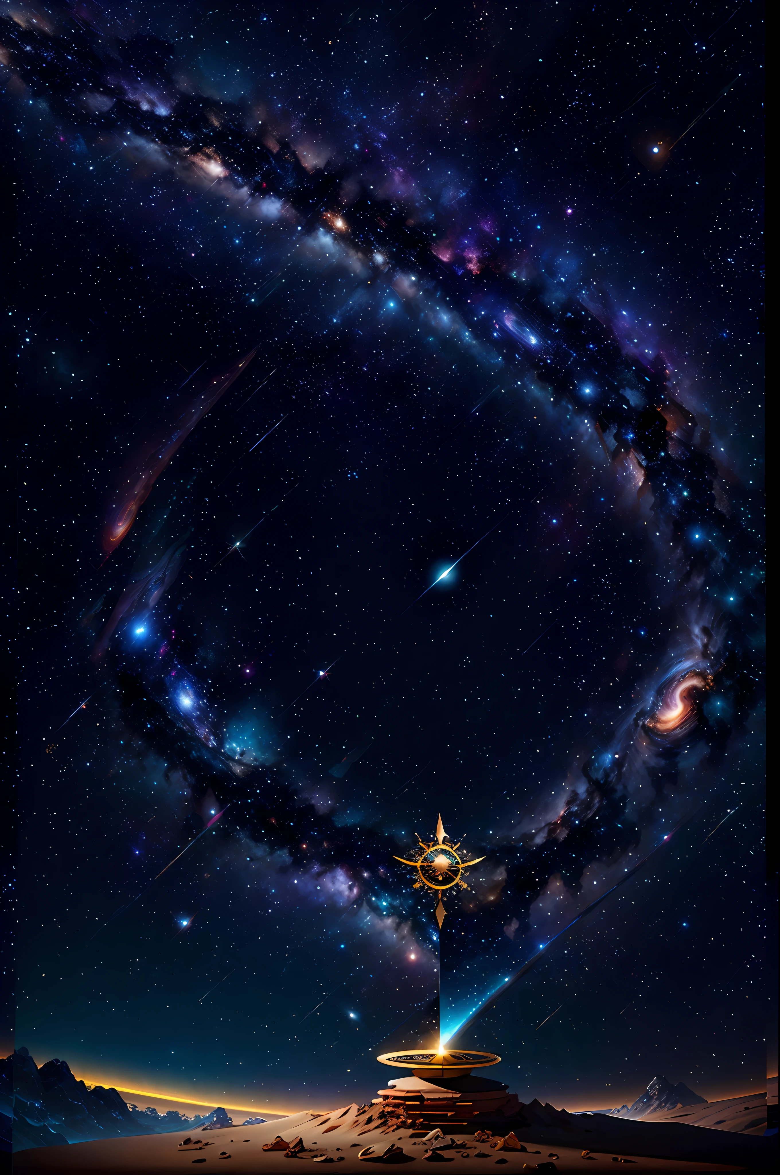 Cosmic sundial against the background of the Milky Way and nebula, cosmic symmetry, 4K, octane rendering, futurism, fantasy, steampunk, delightful