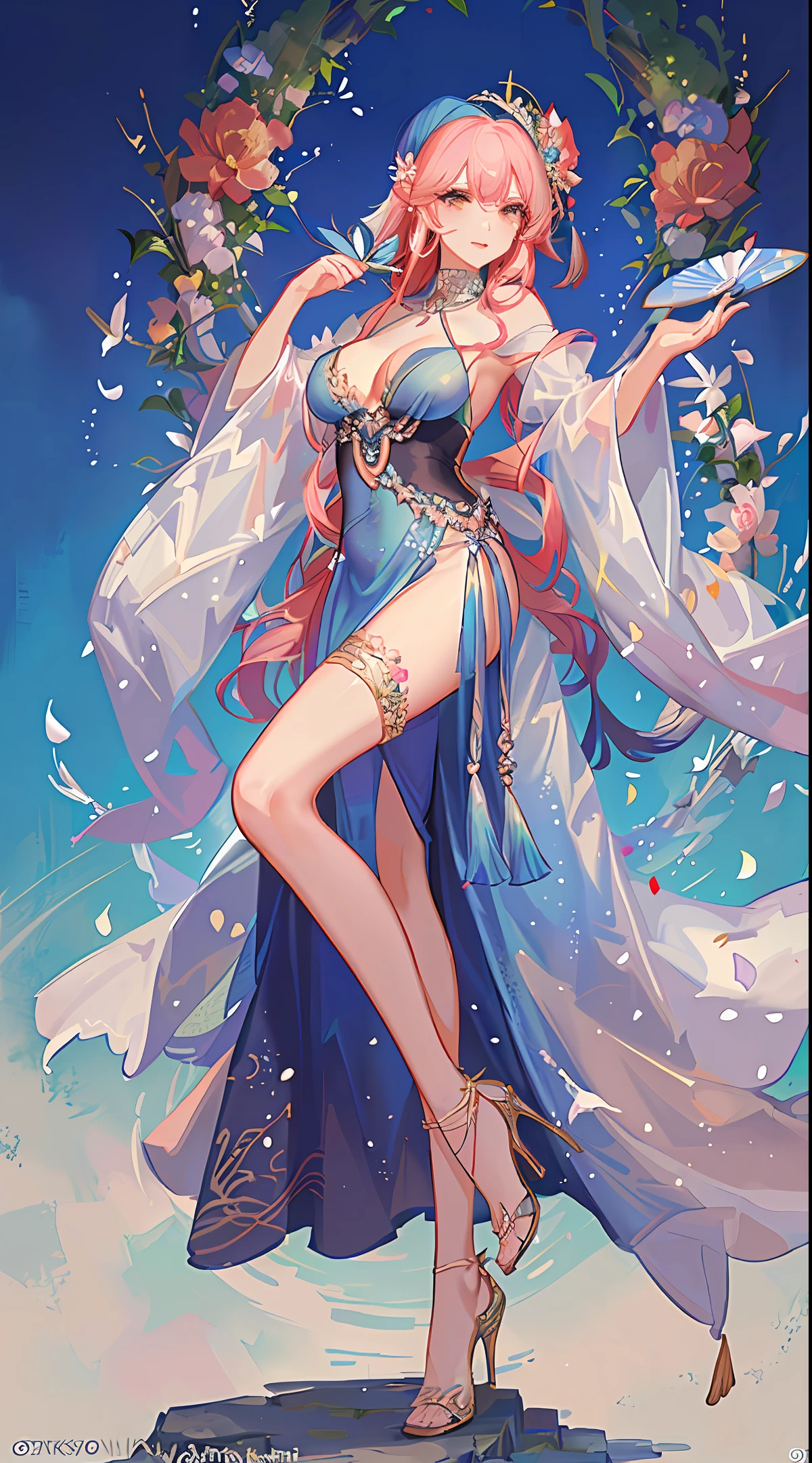 Beauty in ancient costume, full body from head to toe, beautiful face, breast enlargement and fat buttocks, elegant figure, high heels, classical background, flower stand vase, holding a tuan fan or flowers
