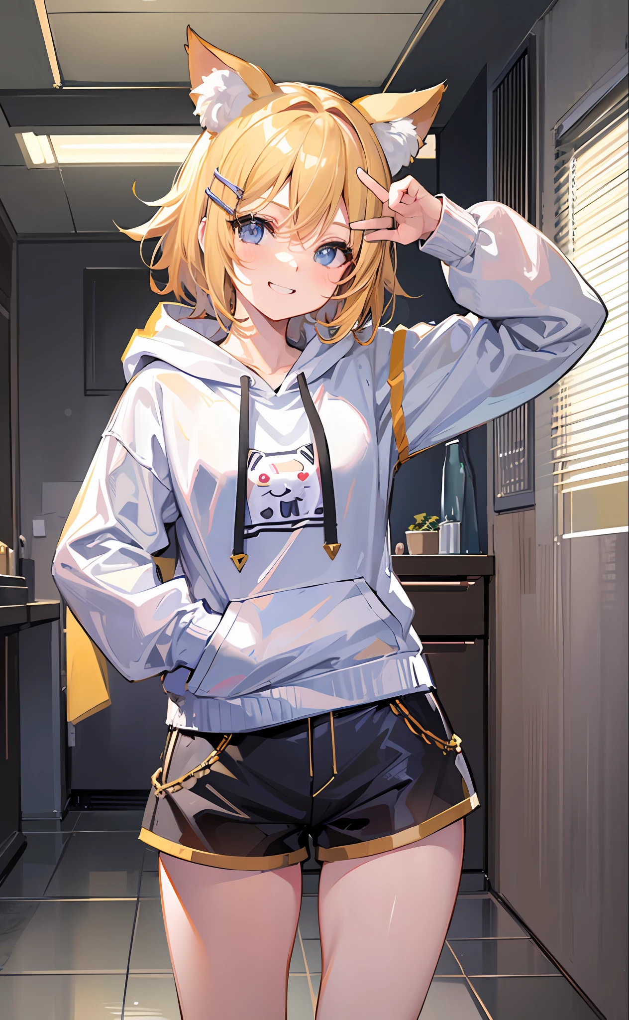 (Masterpiece), (Best Quality), (Illustration), (Ultra Detailed), (High Resolution), Perfect Anatomy, Absurdity, One Girl, (Kagamine_Rin), (Vocaloid), Short Hair, Hair Clips, Big Smile, (Blonde), Very Cute Girl, Small, Young, Delicate, Attention to Girl, Bedroom, Cute, She, Smile, Best Moment, , Blue Eyes, Bright Eyes, lively eyes, cute, standing, thighs, spoiled, innocent, love love, love viewer, clean skin, beautiful body, cute face, delicate arms, boyfriend gaze, lively eyes, neat, bare legs, dabo dabo hoodie, perfect hood, hoodie based on white, black shorts, beautiful girl, blue sky, full of energy, best girlfriend, happiness, cat ears, naughty mood, female brat, cheeky, Grinning, NSFW