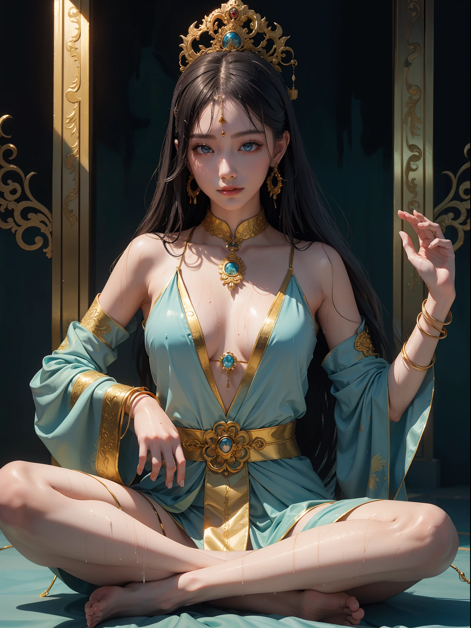 A masterpiece of a Buddhist bodhisattva girl, exquisite jewelry, delicate bracelet, delicate hair ornament, high on the top, aperture on the back, bodhisattva, fairy fluttering, looking up perspective, bare feet, golden bracelet on ankle, ancient Chinese costumes, gorgeous silk, flowing tulle, dazzling background, golden aperture behind, gold Falun behind, best light, best shadow, movie lighting, mystery, background pure black with ring aperture, ultra high definition, 8k, fair skin, Wolp_ style, duhuang_style, upper body close-up, detailed face, professional classical dance moves, man floating in the air, (sideways: 1.5), 28 years old, 1girl, well-dressed, super long clothes, black hole background, in a temple in Thailand, one leg on the ground, left hand doing Buddha hand on chest, other raised above the head to do Buddha hand, surreal, photo, realistic, surfacing from a clear pool, (wet: 2.0), (wet hair: 1.5), medium chest, 48KG weight, smooth skin, light blue pupils, detailed eye painting