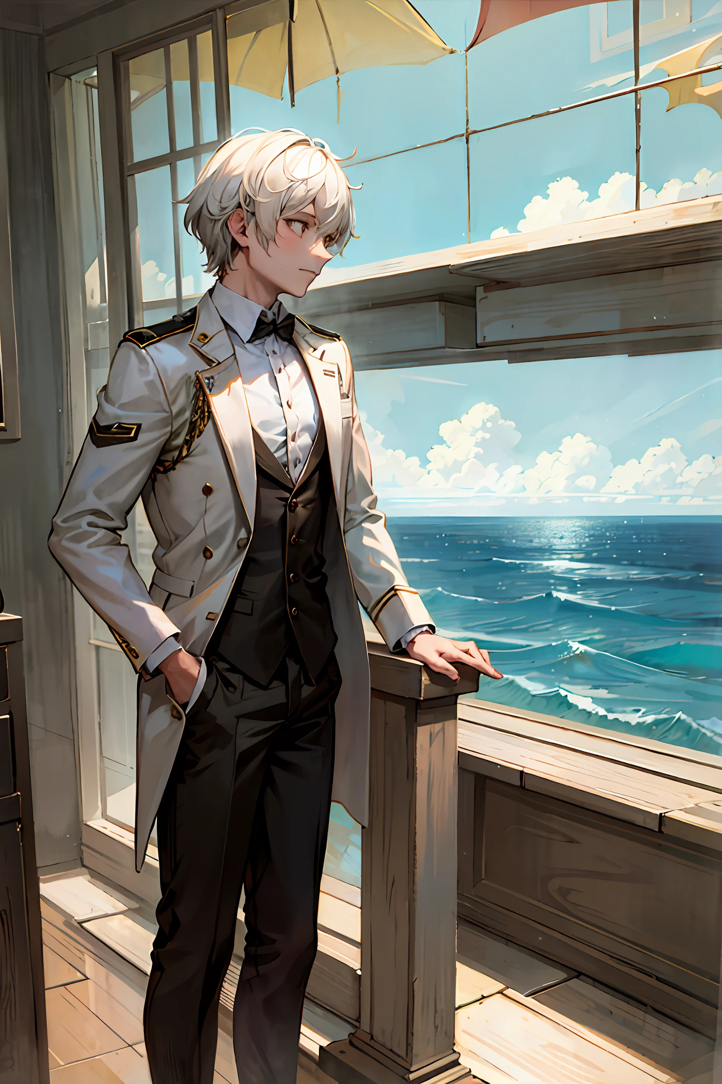 A man dressed in antique white stood in the wind, the clothing soft as a cloud, gently fluttering with the wind. His tall and tall figure shows an unparalleled temperament.