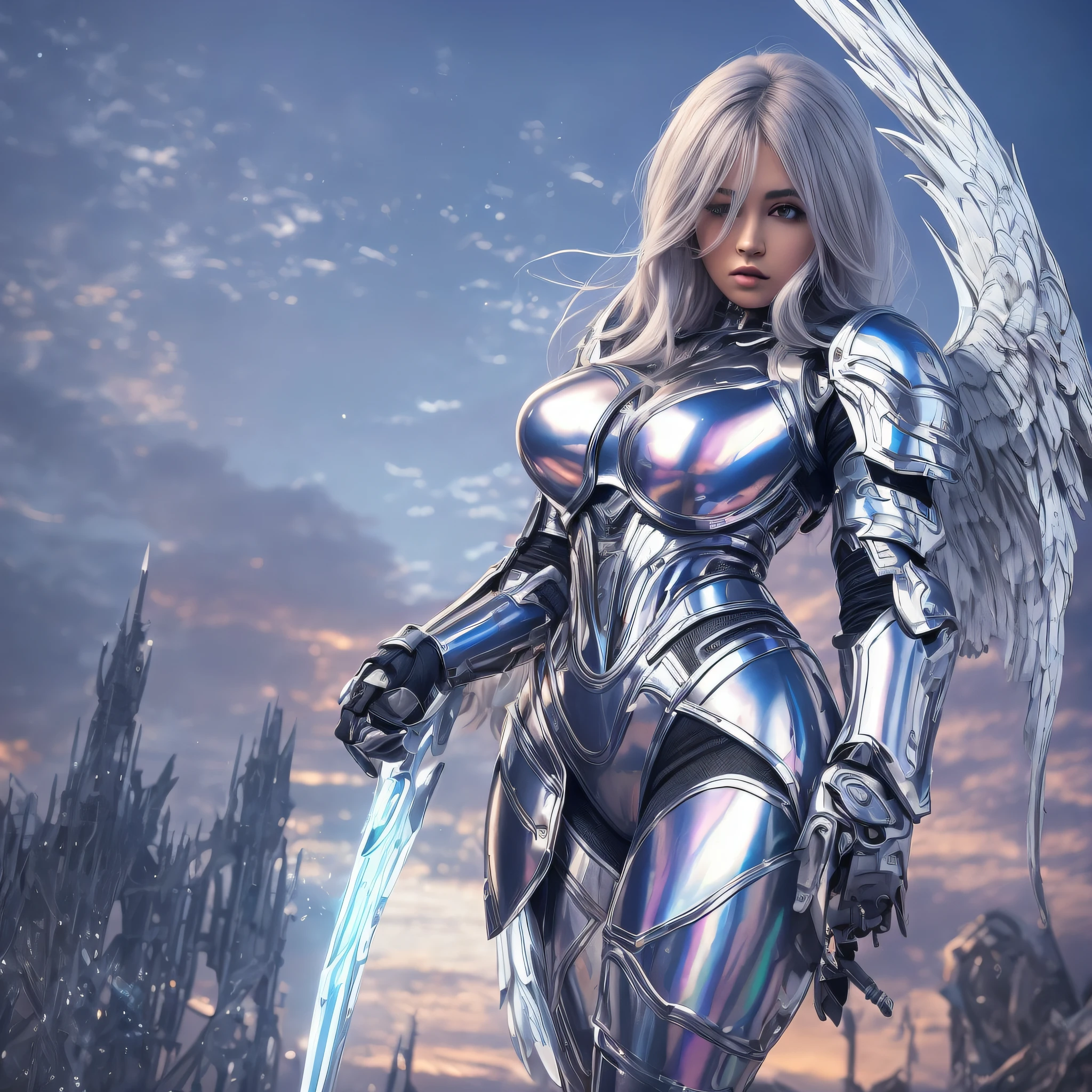 Big, one woman, iridescent skin, beautiful cyborg girl, angel knight girl, angel knight gothic girl, futuristic robot, mysterious valkyrie, beautiful female knight, fantasy paladin woman, beautiful female knight, girl in knight armor, valkyrie style character, mysterious valkyrie,