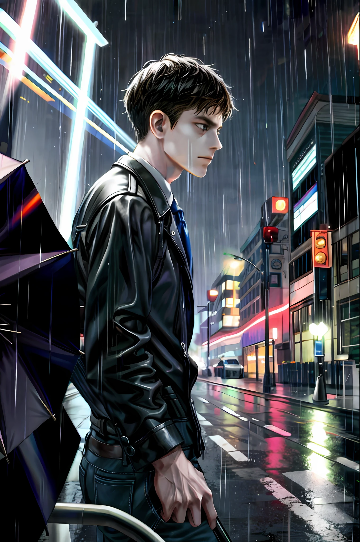 A couple face to face, on a rainy day, on the road, the man holds an umbrella