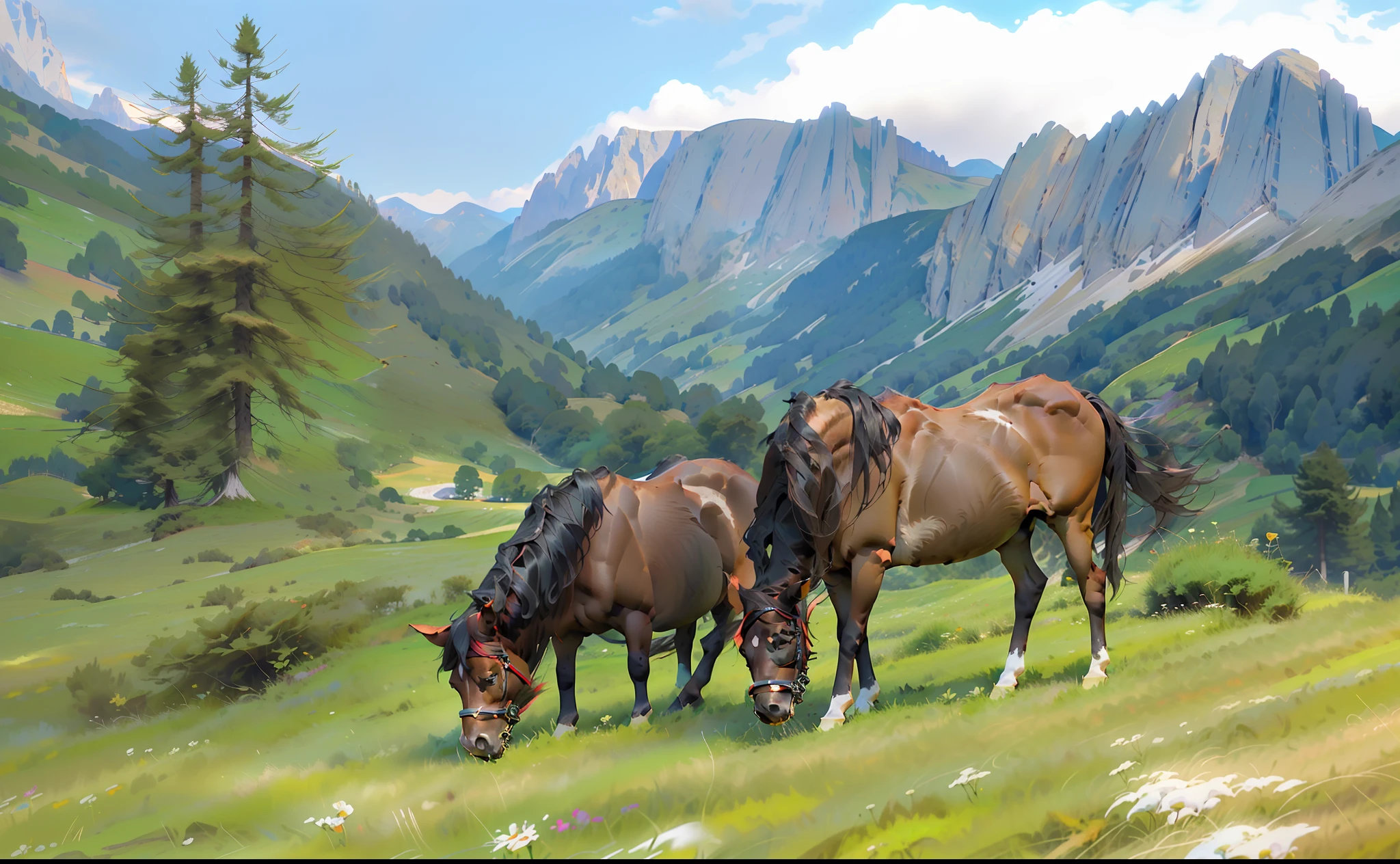 there are two horses grazing in a field with mountains in the background, the see horse valley, majestic horses, horses, in the swiss alps, beautiful high resolution, grazing, in the dolomites, in a mountain valley, horse in background, alpes, best on adobe stock, the horse is not mine, spectacular quality, by Karl Gerstner, equine photography