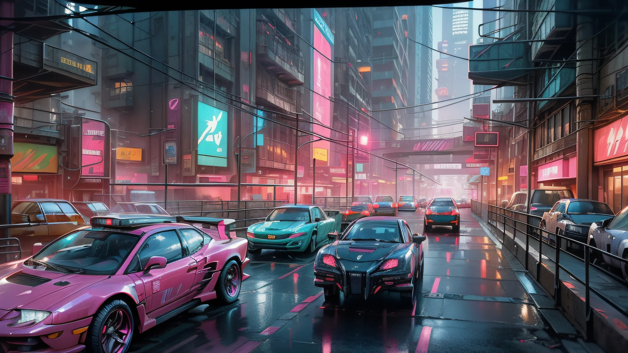 a close up of a city street with neon signs and cars, futuristic city street, futuristic street, cyberpunk city street background, cinematic neon matte painting, art deco outrun anime aesthestic, sci-fi cyberpunk city street, detailed neon cyberpunk city, neon city, cyberpunk city street, neon glow concept art, city sunset mist neon lights, dreamy colorful cyberpunk colors --auto --s2