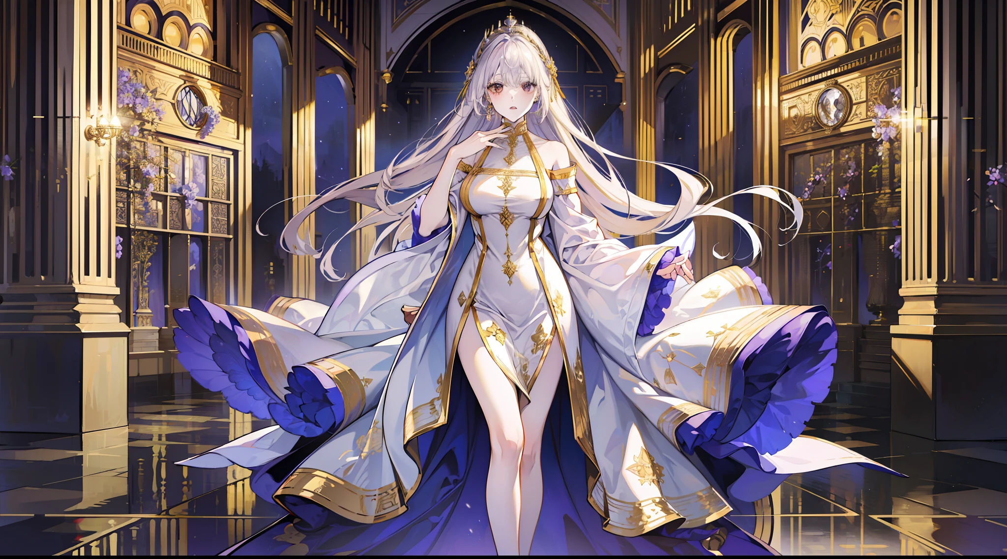 (absurd, high resolution), (panorama), full-body, a woman, mature, beautiful, tall, queen's dress, lilac complex, exquisite, brown eyes, pale blonde hair, silver crown on head, open mouth, surprised, in the palace, golden splendor, magical, holding a long golden delicate wand,