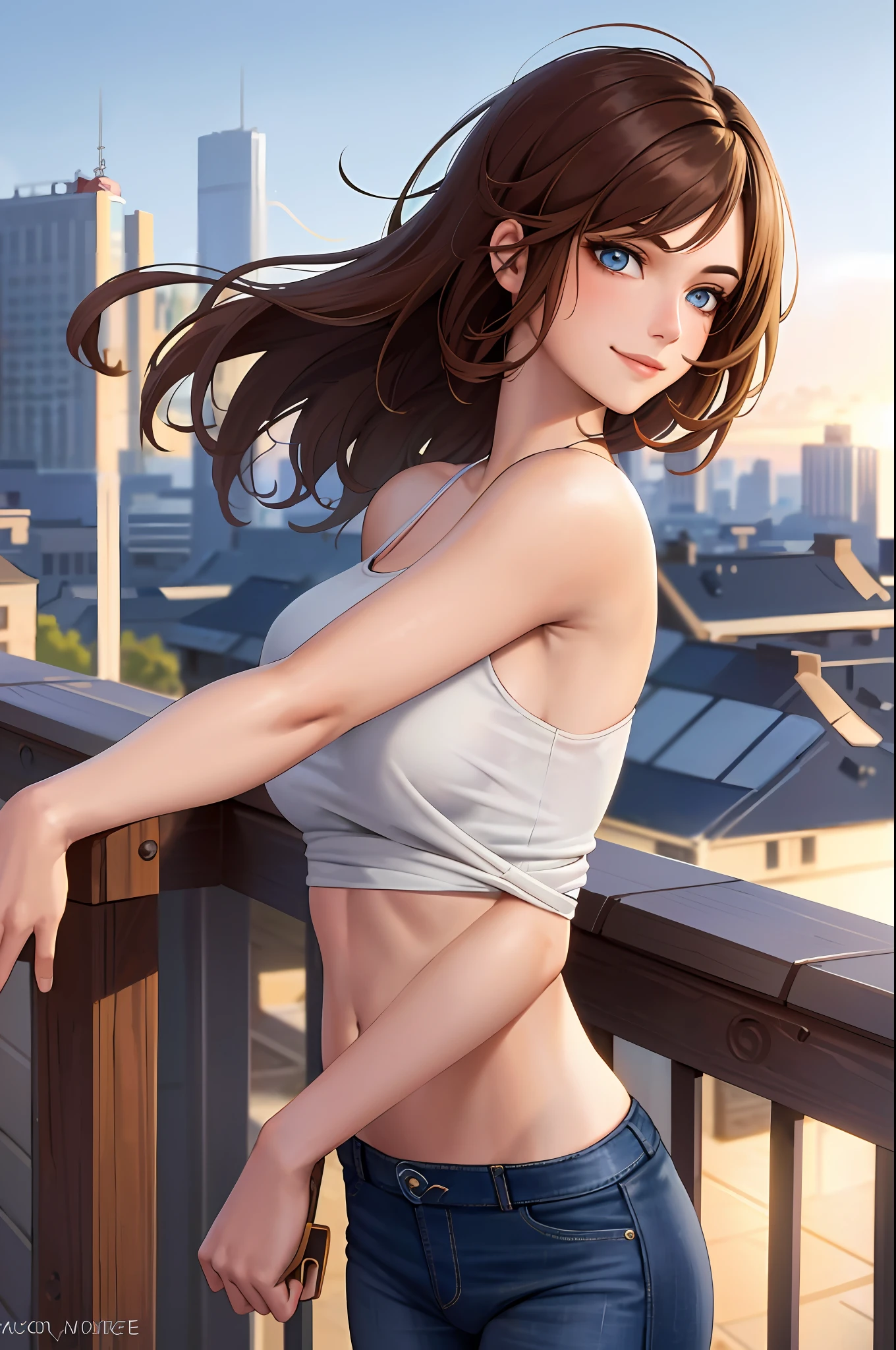 (masterpiece:1.2, best quality1:1, ultra-detailed:1.2, best shadow, 8k:1.1), (massive city:1.3, rooftop:1.1, city structures below, handrails), (contrasting background, bright background), (beautiful detailed face), high contrast, (perfect illumination:1.2, beautiful color, delicate color), ((cinematic light)), colorful, hyper detail, dramatic light, intricate details, (1 girl, solo, brown hair, smiling face, short hair, wavy hair:1.1, blue eyes, dynamic angle, white tanktop, jeans, cowboy shot, arms down), depth of field
